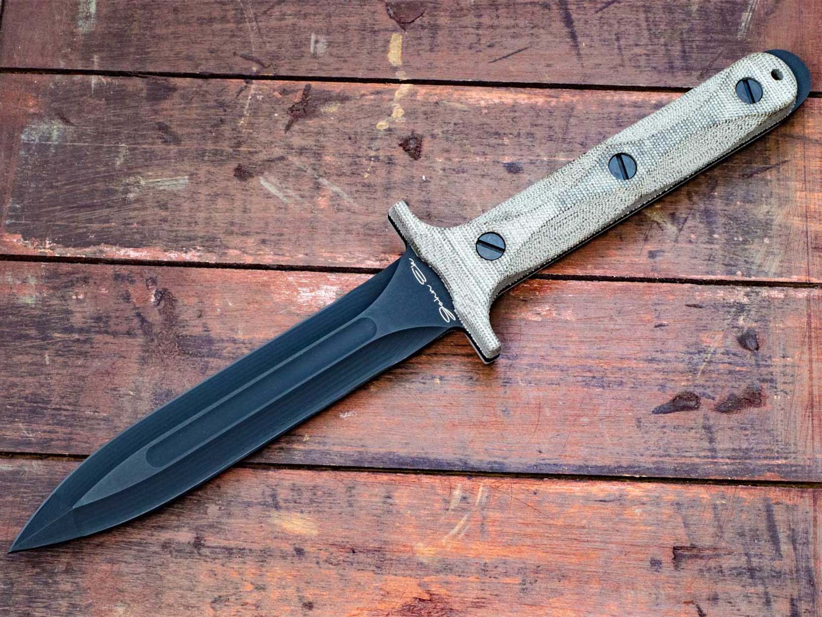 ExpProductCell_Rick Hinderer Knives "EK" Dagger-Hollow Ground-01 Tool Steel-OD Green Micarta