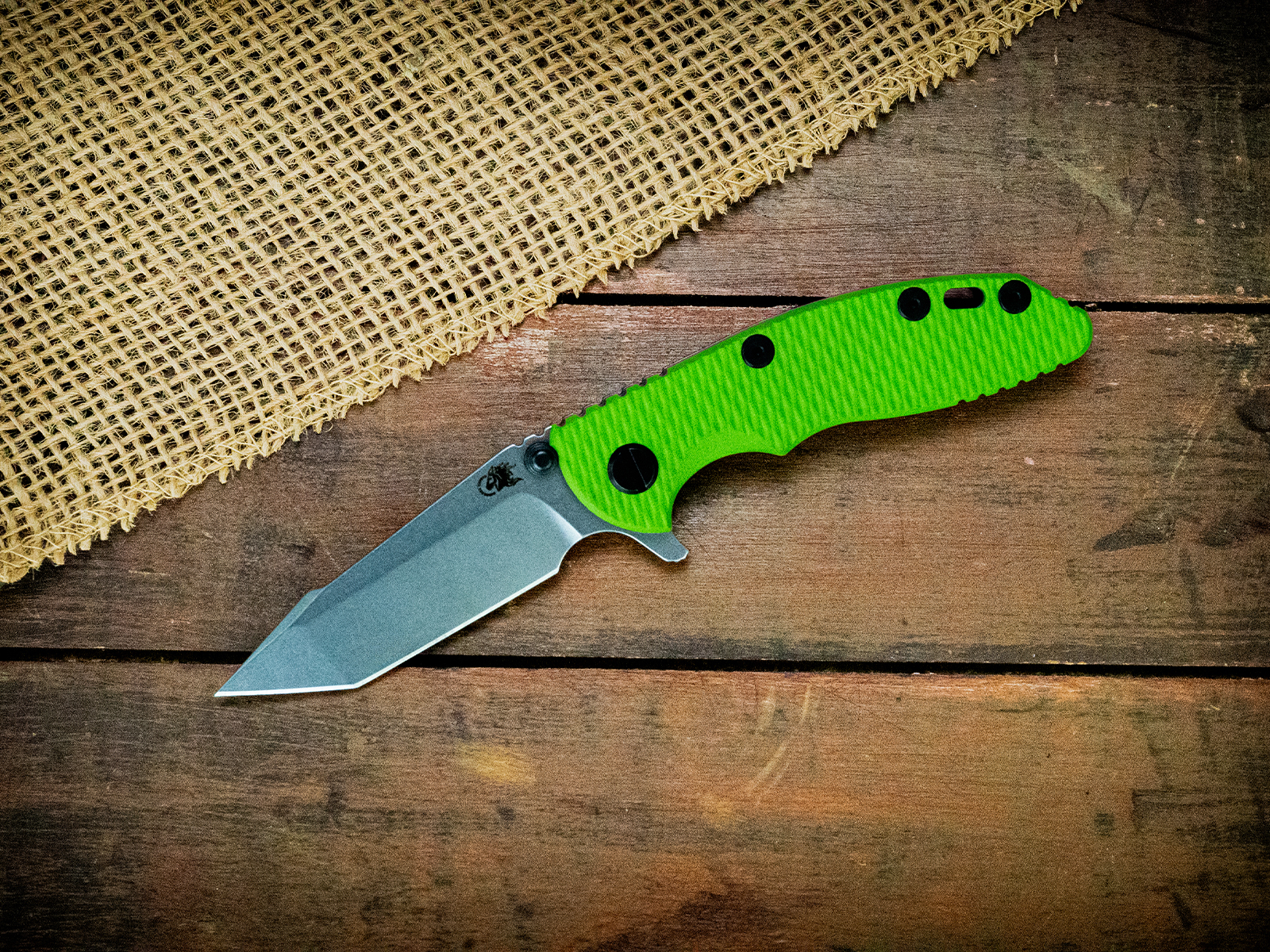 XM-18 3" Harpoon Tanto-S45VN-Stonewash Blade-Battle Purple-Lime Green G10-Black Hardware-Holey Clip XM-18 3" Harpoon Tanto-S45VN-Stonewash Blade-Battle Purple-Lime Green G10-Black Hardware-Holey Clip