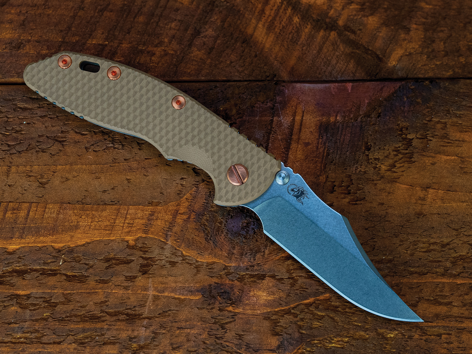 ExpProductCell_XM-18 3.5" Non-Flipper Bowie-S45VN-Working Finish Green-Coyote G10-Copper Hardware-Left Handed