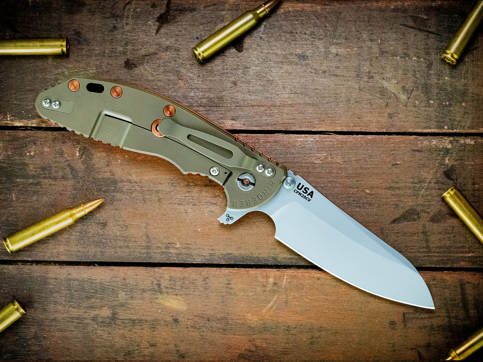 XM-24 Sheepsfoot-CPM20CV-Bead Blast Green-Orange G10-Copper Hardware