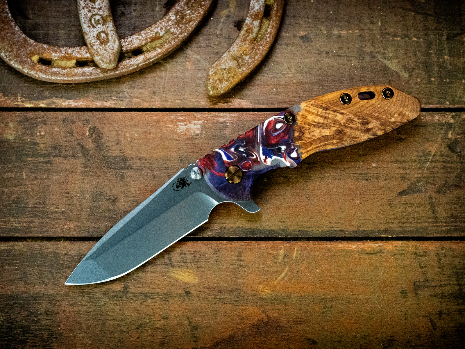 ExpProductCell_XM-18 3.5" Spanto-S45VN-Stonewash Blade-Battle Purple-Wood/Resin-Bronze/Red Standoffs