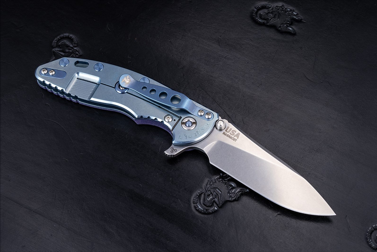 XM-18 3.5" Skinny Slicer-Flat Ground-Magnacut-Stonewash Light Blue-Purple G10-Titanium Hardware XM-18 3.5" Skinny Slicer-Flat Ground-Magnacut-Stonewash Light Blue-Purple G10-Titanium Hardware