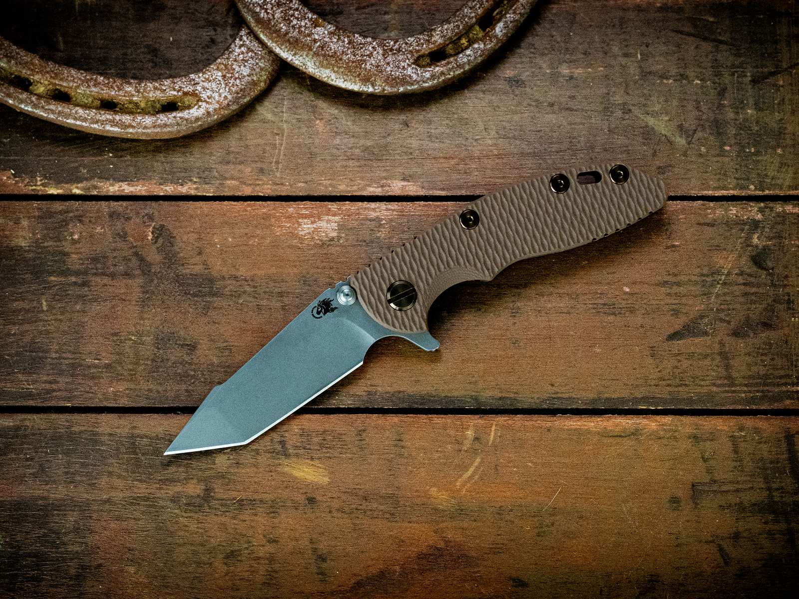 ExpProductCell_XM-18 3" Harpoon Tanto-S45VN-Battle Black-Working Finish Blade-FDE G10-Bronze Ti Hardware