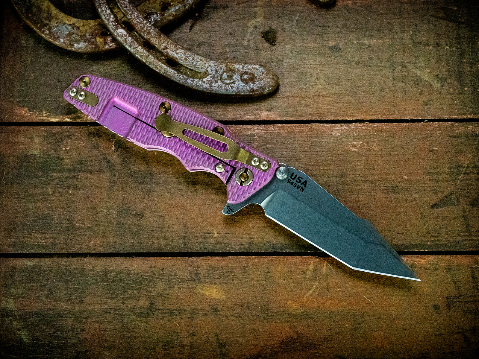 ExpProductCell_Eklipse-S45VN-Harpoon Tanto-Stonewash Blade-Bead Blast Purple-White G10-Bronze Ti Hardware