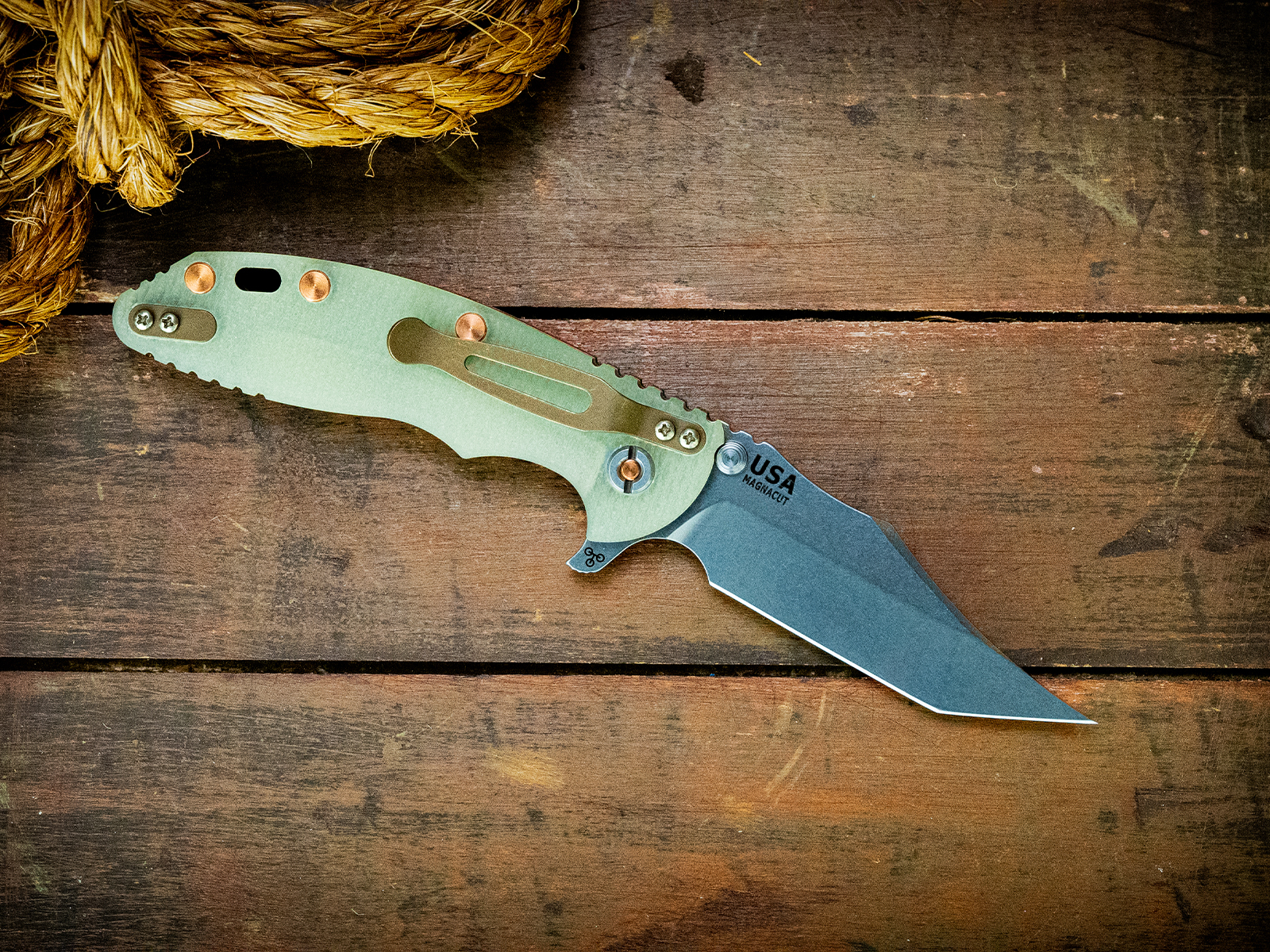 XM-18 3.5" Aggressor-Magnacut-Battle Bronze Liner Lock-Stonewash Blade-Translucent Green G10-Copper Hardware XM-18 3.5" Aggressor-Magnacut-Battle Bronze Liner Lock-Stonewash Blade-Translucent Green G10-Copper Hardware