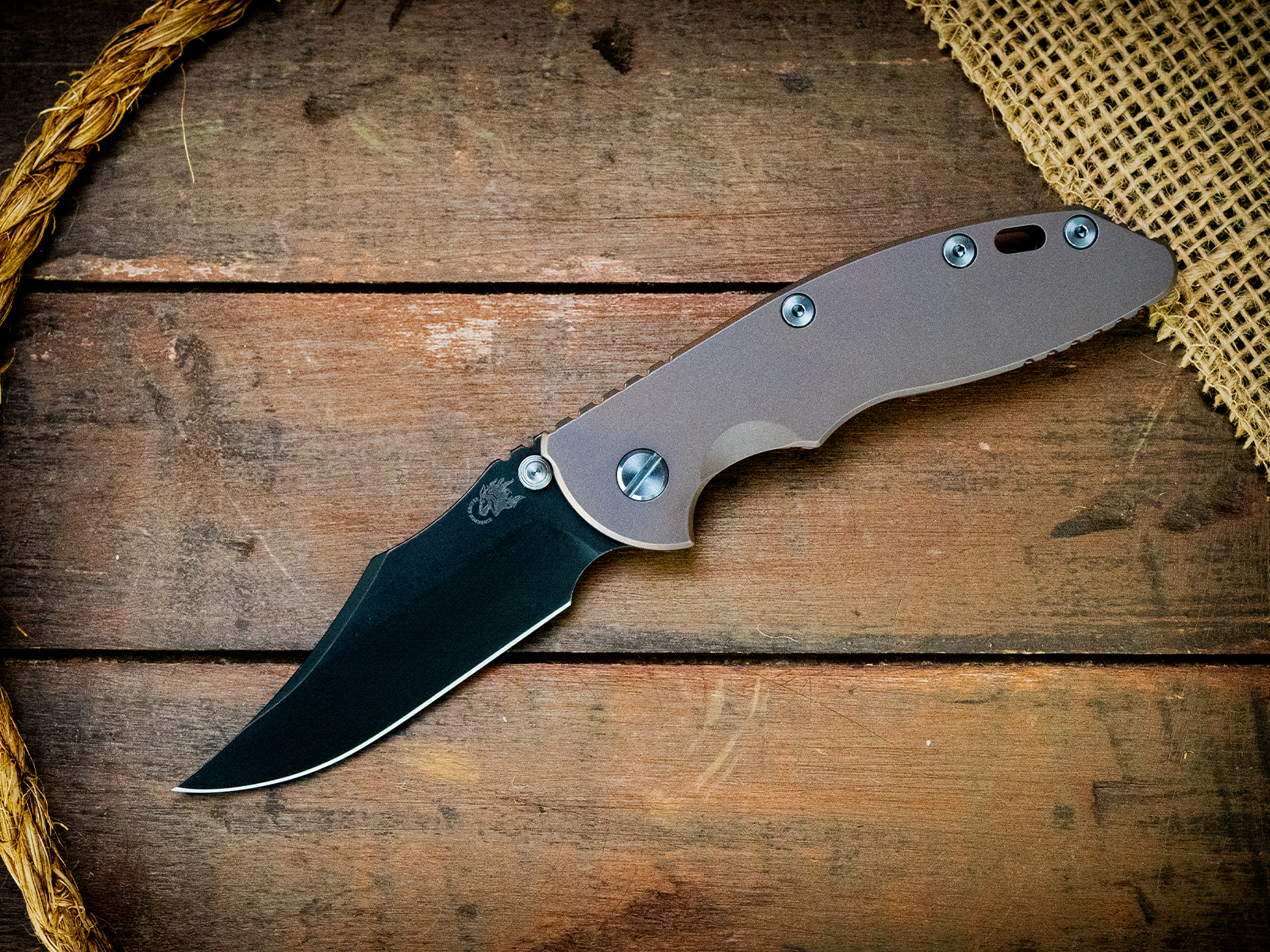 XM-18 3.5"-Non Flipper-Bowie-Battle Black Blade-Bead Blast Purple-Smooth Full Ti-Blue Ti Hardware XM-18 3.5"-Non Flipper-Bowie-Battle Black Blade-Bead Blast Purple-Smooth Full Ti-Blue Ti Hardware
