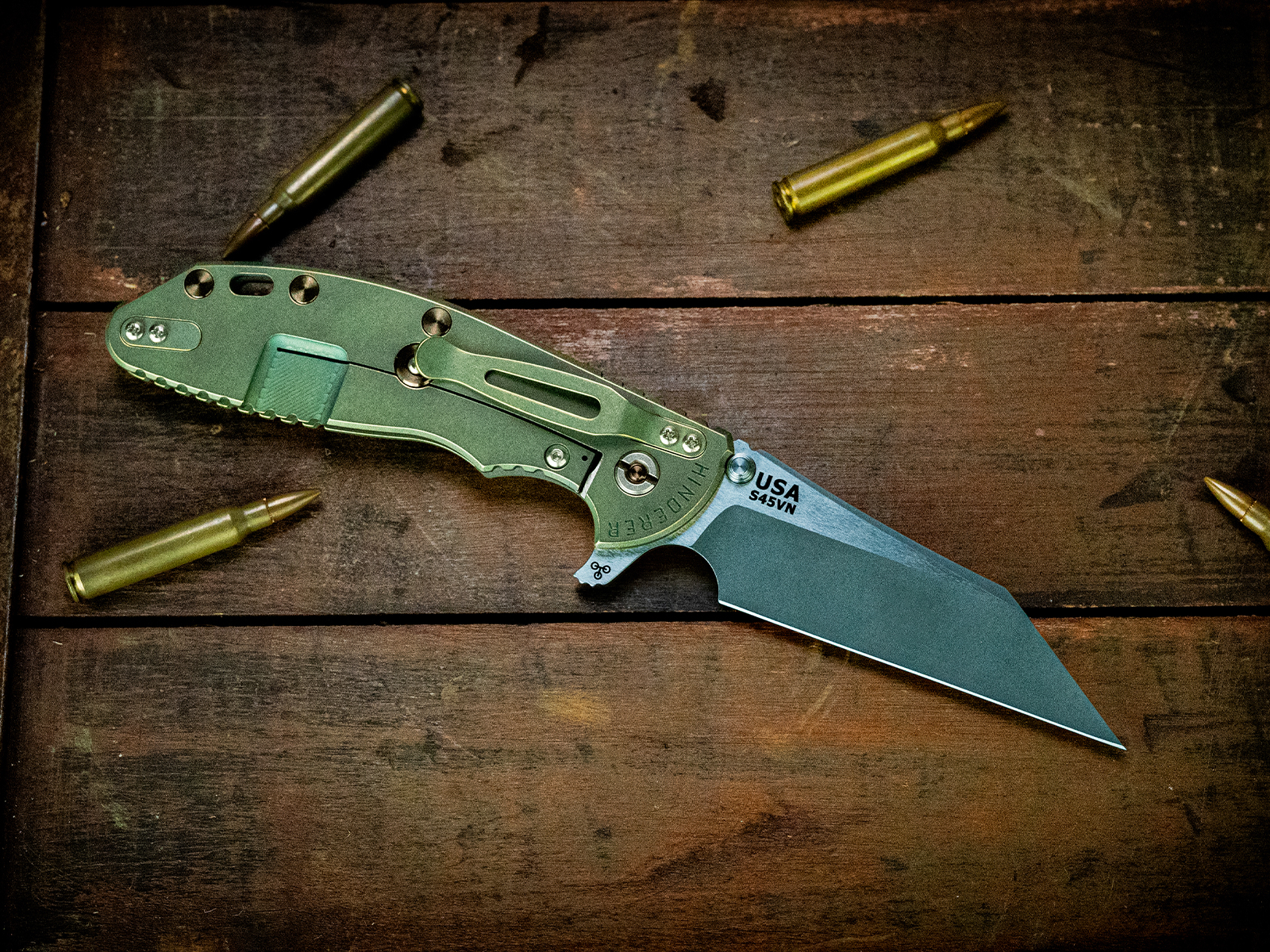 ExpProductCell_XM-24 Wharncliffe Skinny-S45VN-Special Finish-Working Finish Two Tone-Translucent Green G10-Bronze Ti Hardware
