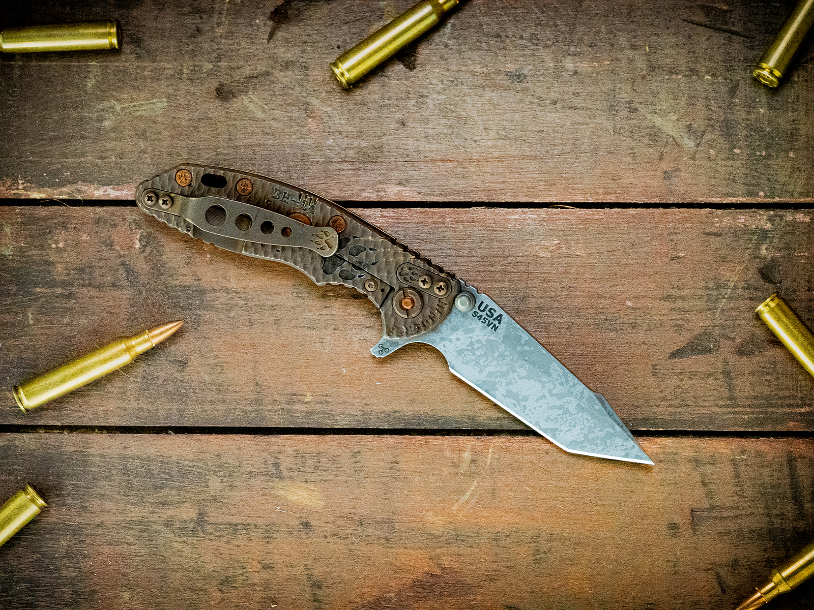 XM-18 3" Harpoon Tanto-S45VN-Battle Hound 24 Textured Bronze-Smooth OD Green Micarta-Copper Hardware