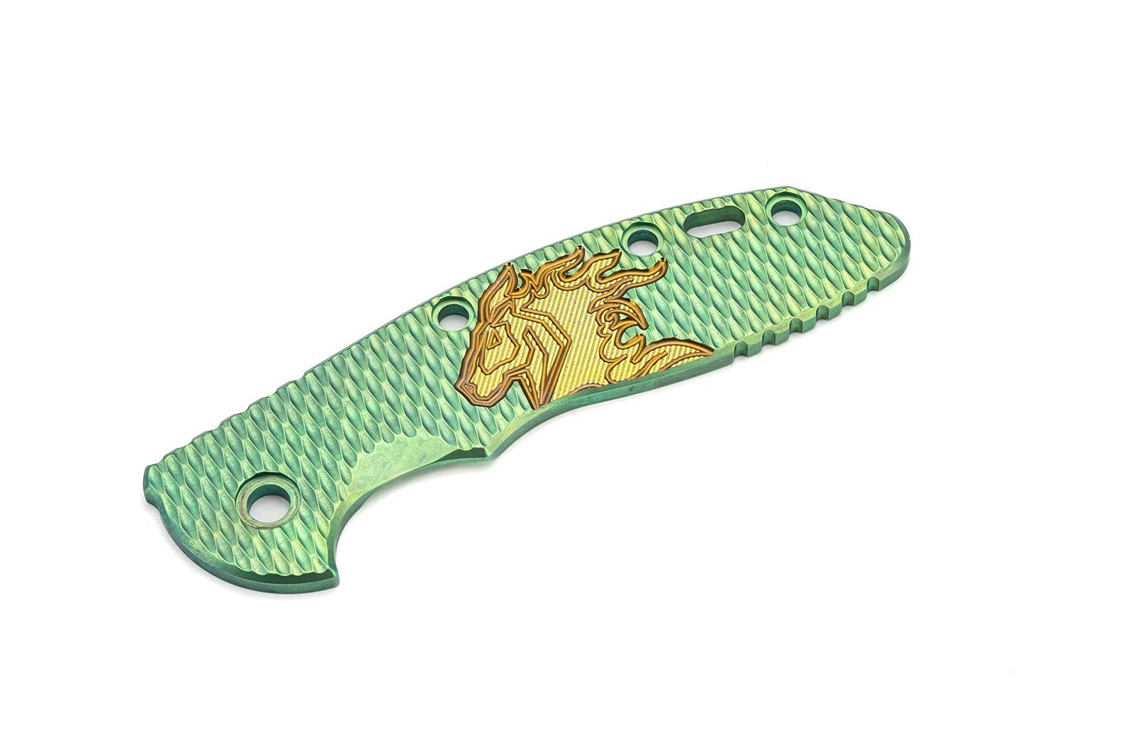 3.5" XM18 Titanium Scale-Milled Horse Head Logo-Textured-Stonewash Green-Gold/Bronze 3.5" XM18 Titanium Scale-Milled Horse Head Logo-Textured-Stonewash Green-Gold/Bronze