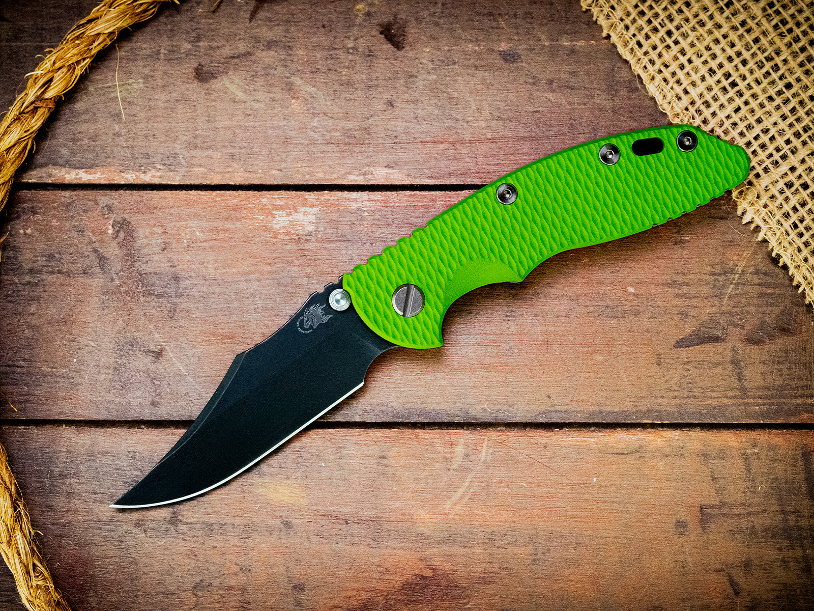 XM-18 3.5"-Non Flipper-Bowie-Battle Black Blade-Working Finish-Lime Green G10 XM-18 3.5"-Non Flipper-Bowie-Battle Black Blade-Working Finish-Lime Green G10