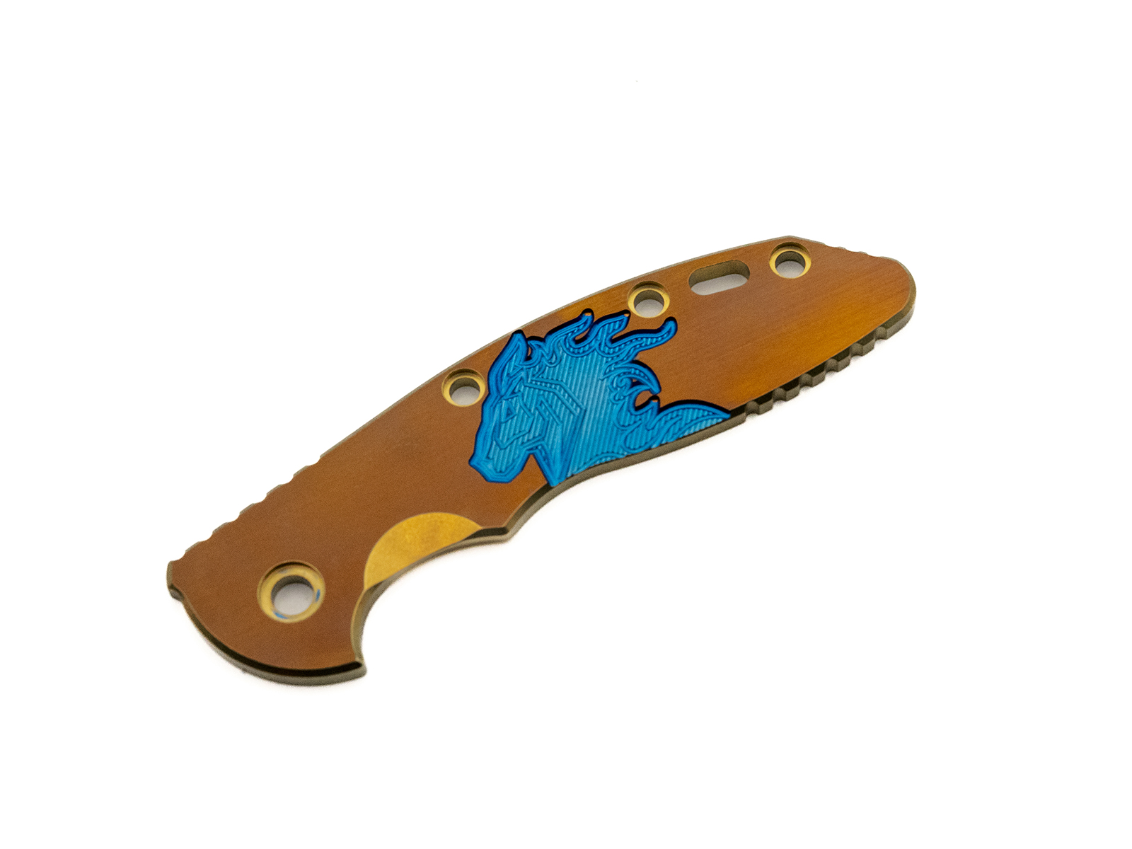 3.5" XM18 Titanium Scale-Milled Horse Head Logo-Satin Bronze-Gold-Stonewash Blue 3.5" XM18 Titanium Scale-Milled Horse Head Logo-Satin Bronze-Gold-Stonewash Blue