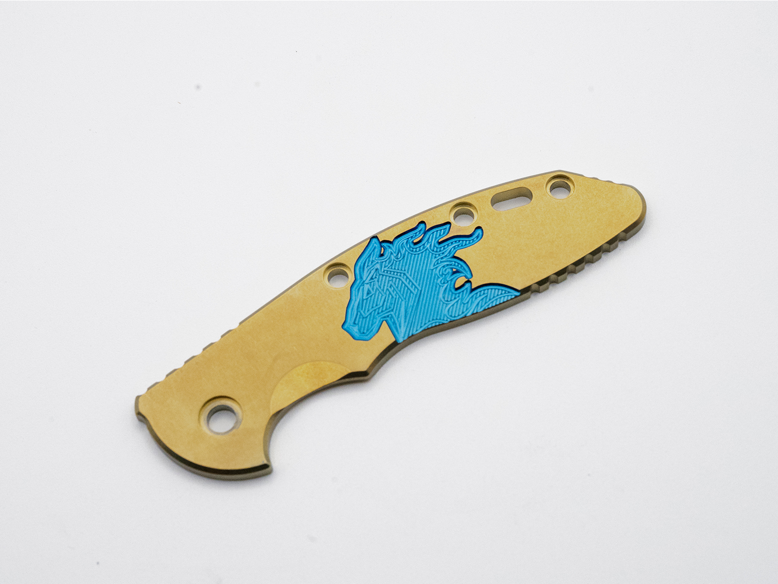 3.5" XM18 Titanium Scale-Milled Horse Head Logo-Smooth-Stonewash Gold-Blue 3.5" XM18 Titanium Scale-Milled Horse Head Logo-Smooth-Stonewash Gold-Blue