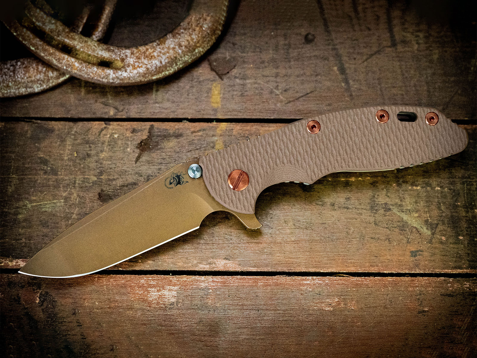 ExpProductCell_XM-18 3.5"-20CV-Spanto-Oil Rub Bronze Blade-Stonewash Green/Gold-FDE G10-Copper Hardware