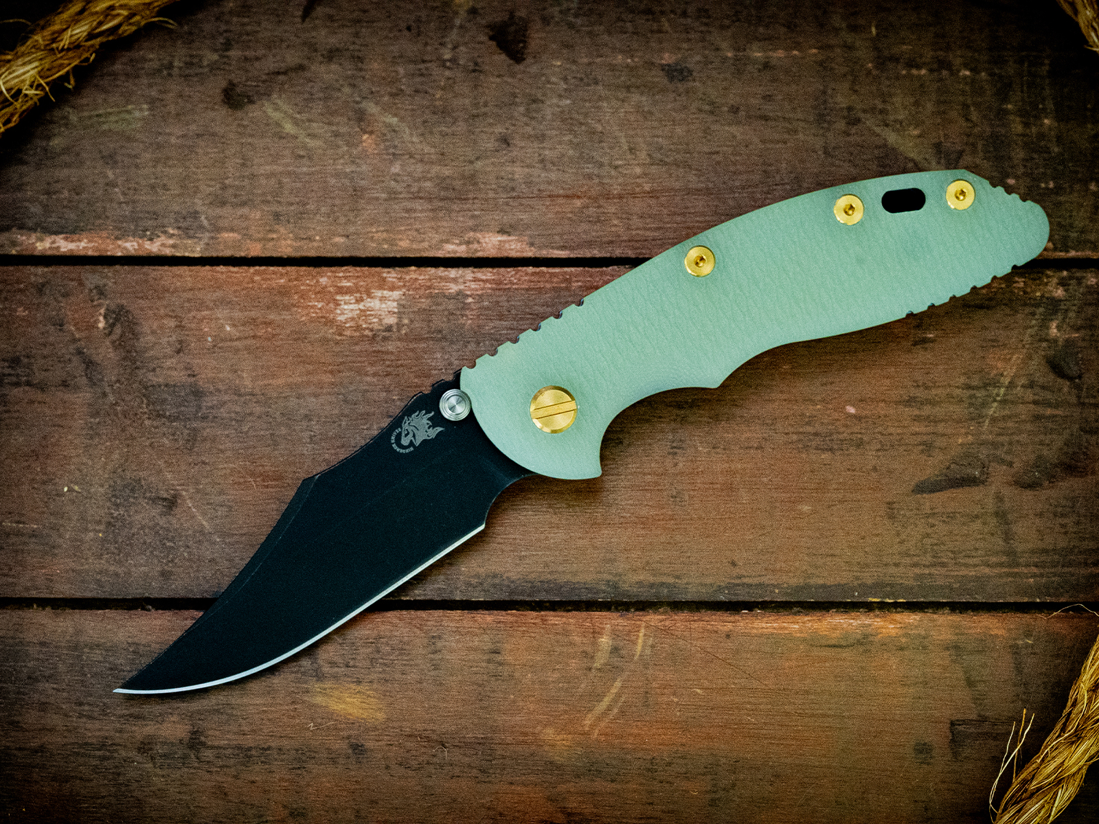 XM-18 3.5"-Non Flipper-Bowie-Battle Black Blade-Stonewash Blue-Translucent Green G10-Brass Hardware XM-18 3.5"-Non Flipper-Bowie-Battle Black Blade-Stonewash Blue-Translucent Green G10-Brass Hardware