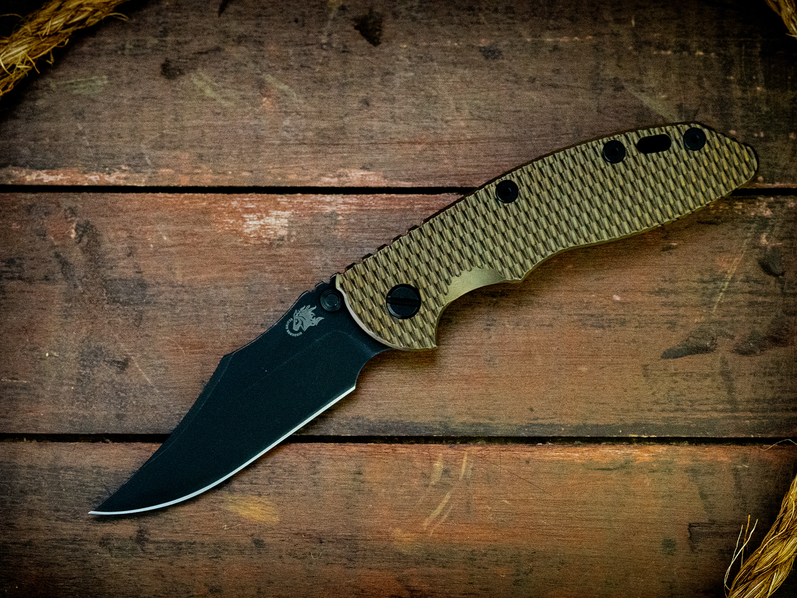 XM-18 3.5"-Non Flipper-Bowie-Battle Black Blade-Full Textured Ti Stonewash Bronze-Black Nitride Hardware XM-18 3.5"-Non Flipper-Bowie-Battle Black Blade-Full Textured Ti Stonewash Bronze-Black Nitride Hardware