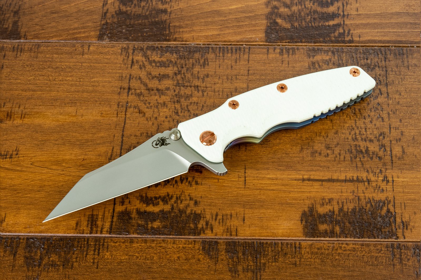 Eklipse-Wharncliffe-CPM20CV-Rainbow Anodized Bead Blasted-White Smooth G10-Brass Hardware Eklipse-Wharncliffe-CPM20CV-Rainbow Anodized Bead Blasted-White Smooth G10-Brass Hardware