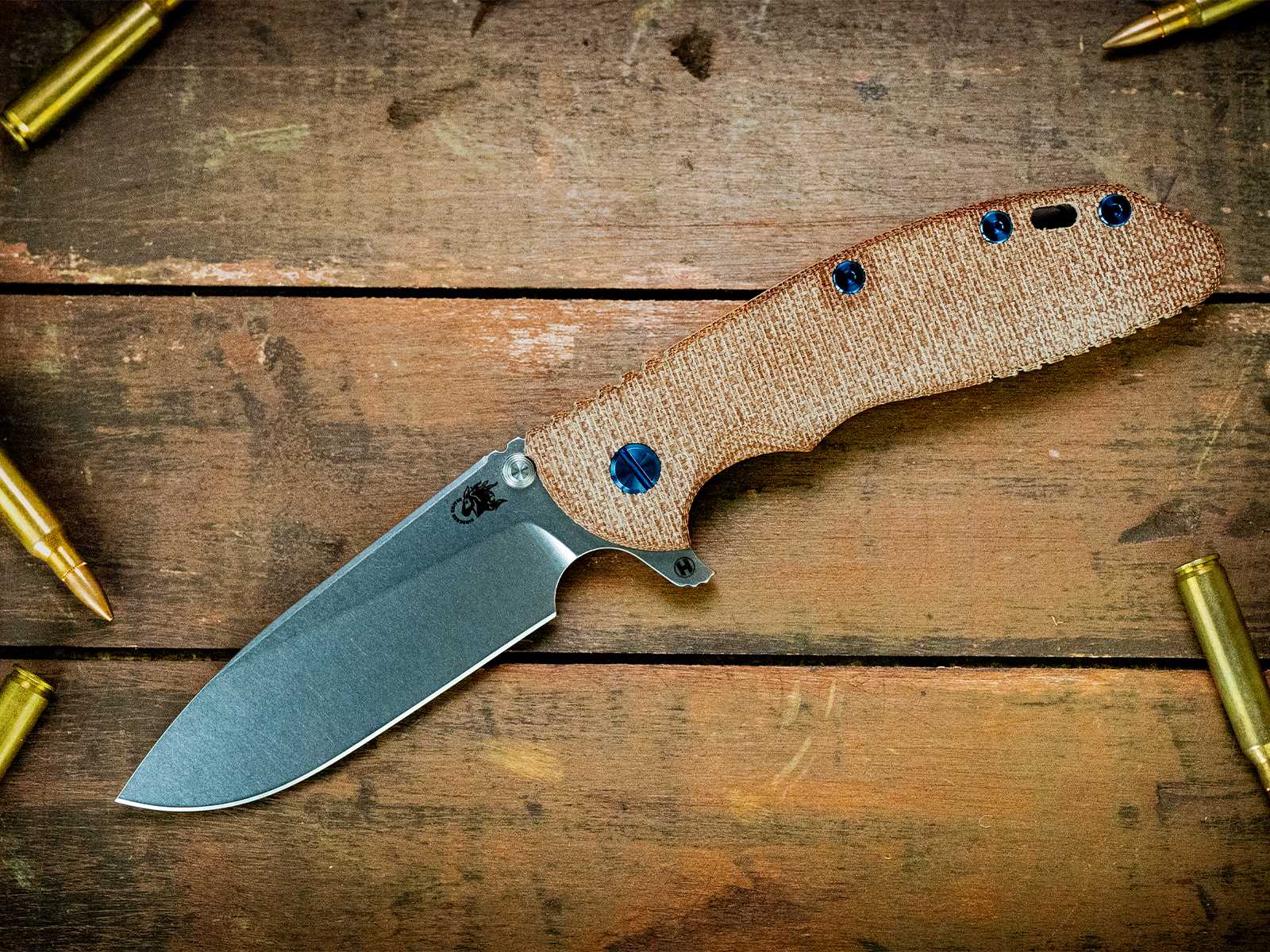 XM-24-S45VN-Slicer-Hollow Ground-Stonewash-Special Finish-Textured Natural Micarta-Blue Ti Hardware XM-24-S45VN-Slicer-Hollow Ground-Stonewash-Special Finish-Textured Natural Micarta-Blue Ti Hardware