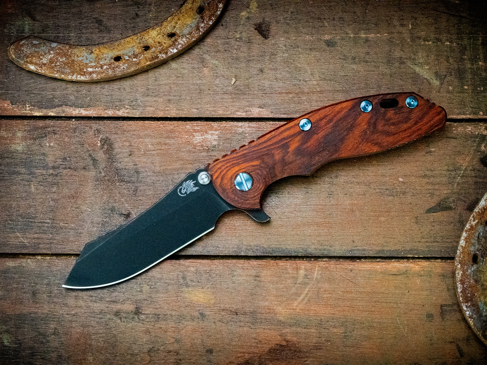 XM-18 3.5"-S45VN-Skinner-Battle Black-Cocobolo-Light Blue Ti Hardware XM-18 3.5"-S45VN-Skinner-Battle Black-Cocobolo-Light Blue Ti Hardware