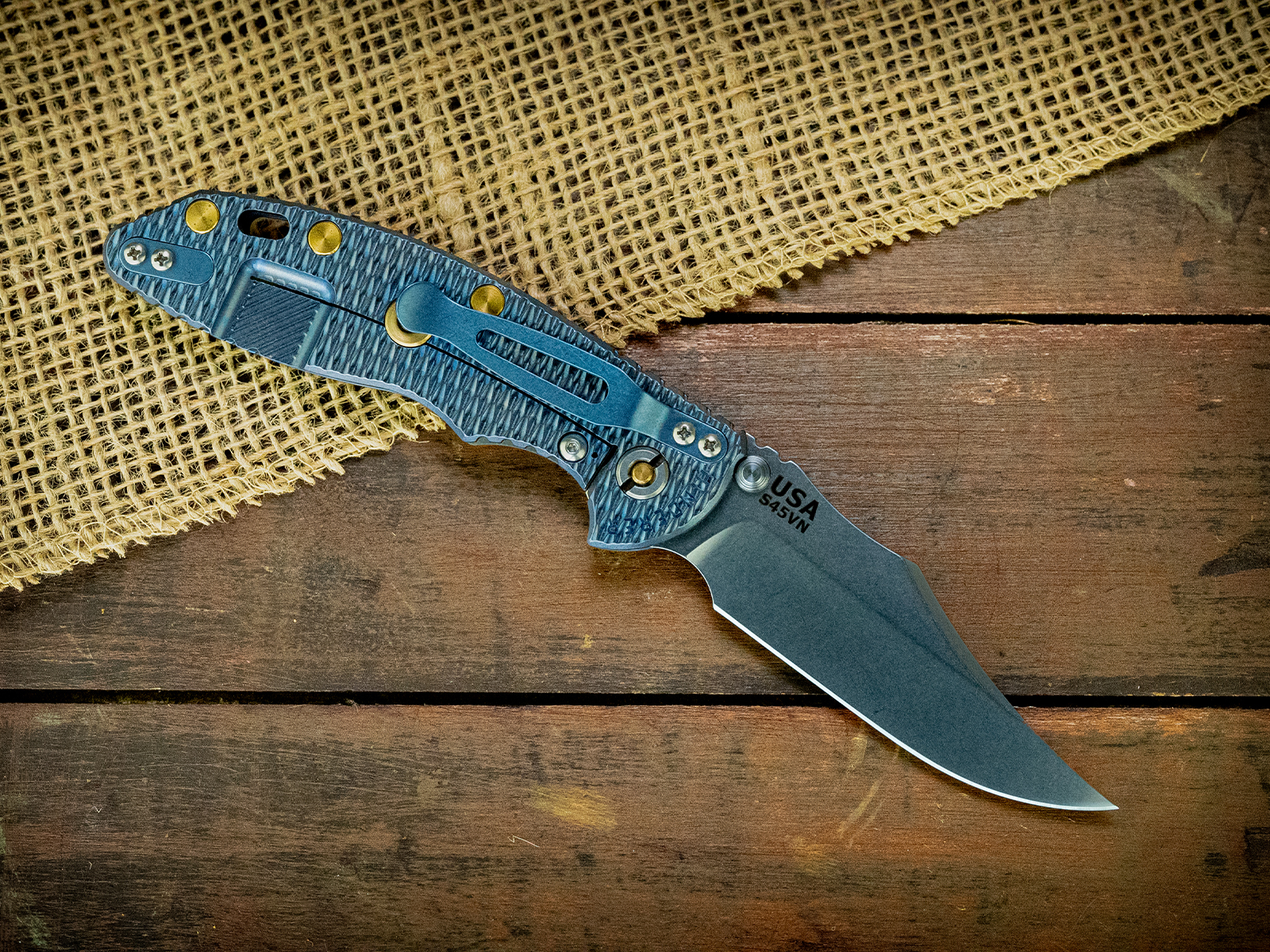 XM-18 3.5"-Non Flipper-Bowie-Stonewash Blue Textured-Smooth Translucent Green G10-Brass Hardware XM-18 3.5"-Non Flipper-Bowie-Stonewash Blue Textured-Smooth Translucent Green G10-Brass Hardware