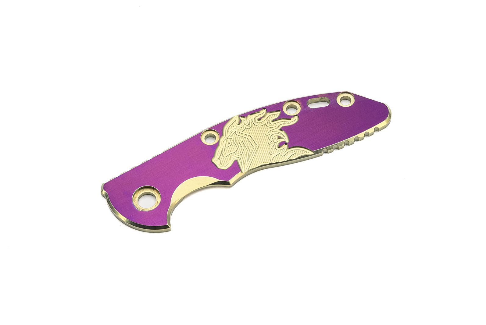 3.0" XM18 Titanium Scale-Engraved Gold Horse Logo-Smooth Satin Purple 3.0" XM18 Titanium Scale-Engraved Gold Horse Logo-Smooth Satin Purple