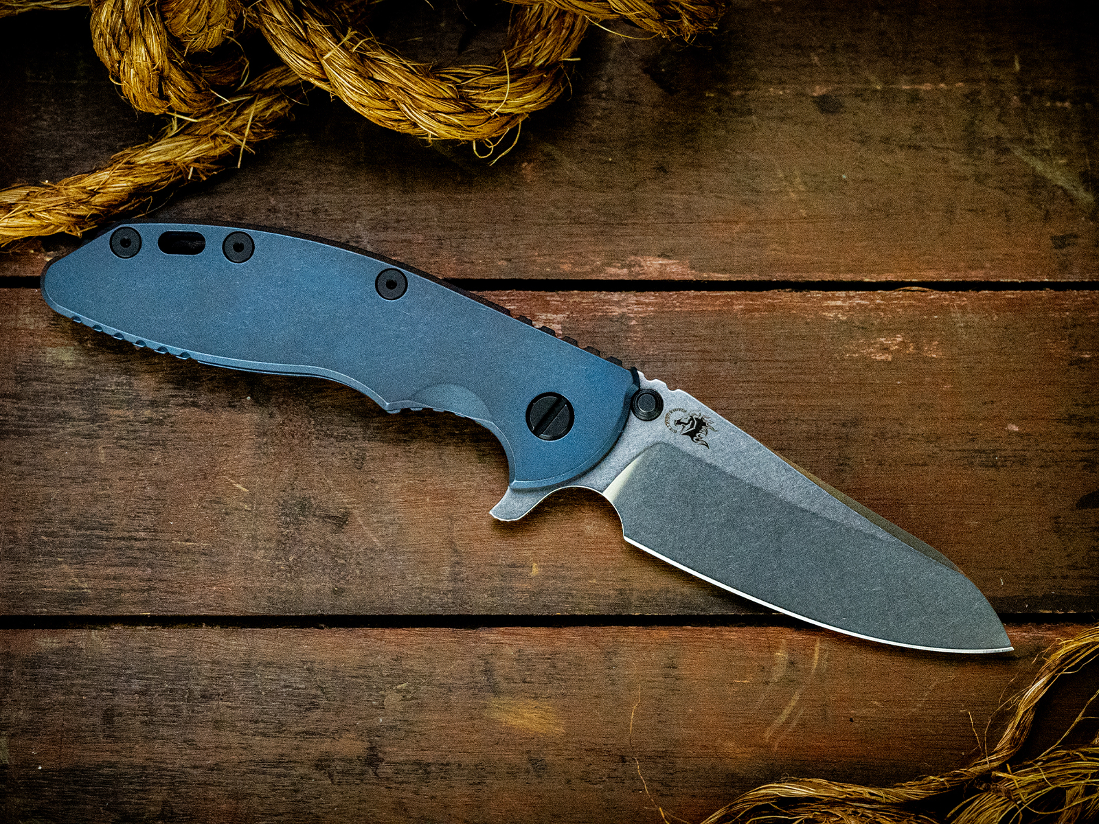XM-18 3.5"-S45VN-Sheepsfoot-Stonewash Blade-Battle Blue Full Ti-Black Nitride Hardware-LEFT HANDED