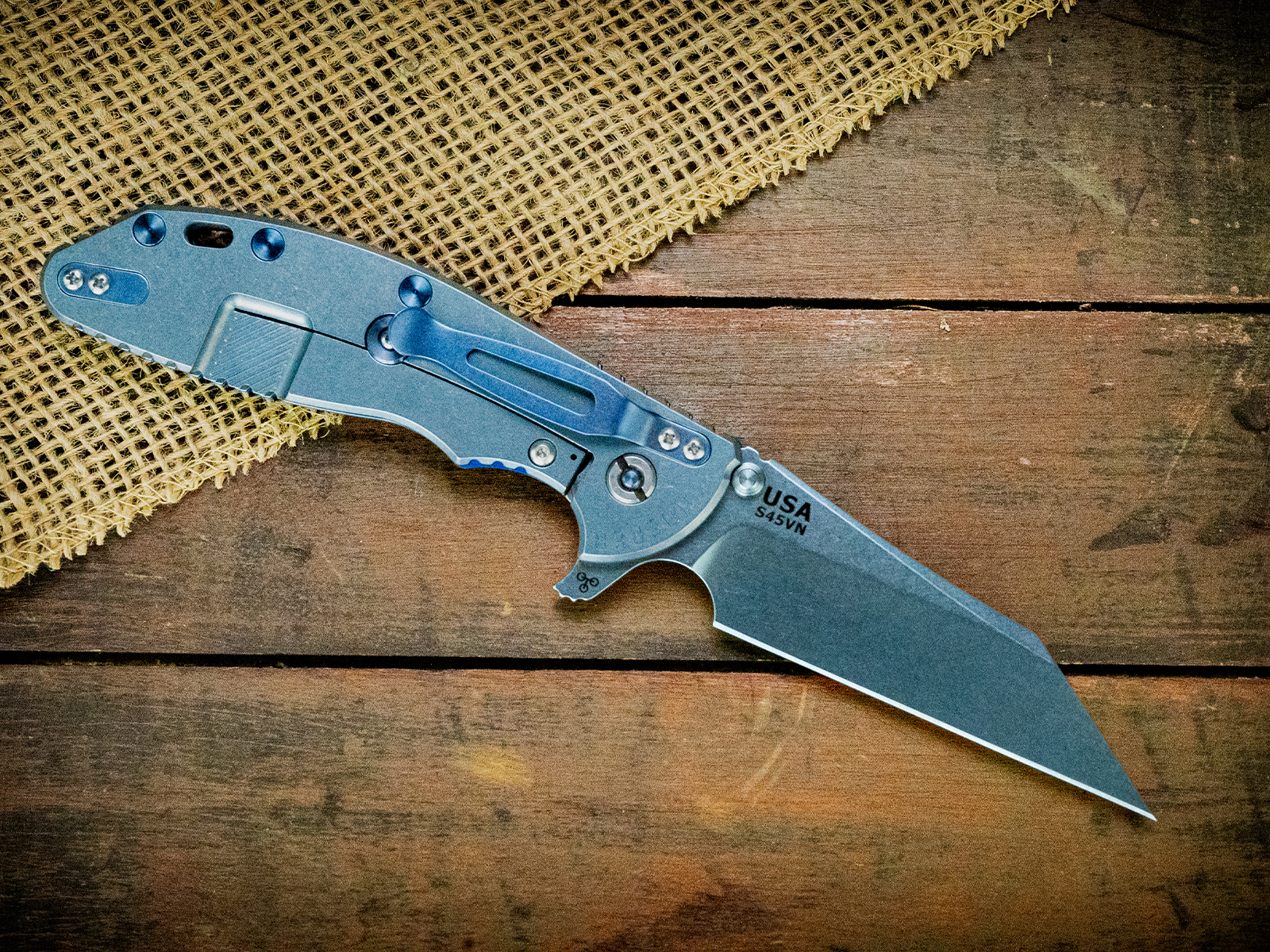 XM-24 Wharncliffe Skinny-S45VN-Stonewash Light Blue-Blue/Black G10-Ti Hardware