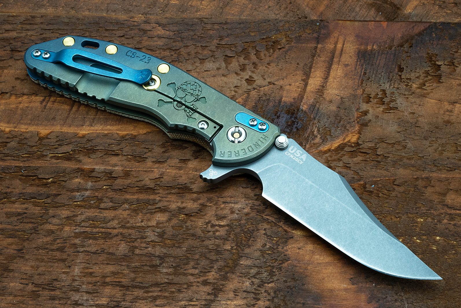 XM-24 Bowie-CPM20CV-Bowie-Battle Blue/Green CS-23-Smooth Natural Micarta-Brass Hardware XM-24 Bowie-CPM20CV-Bowie-Battle Blue/Green CS-23-Smooth Natural Micarta-Brass Hardware