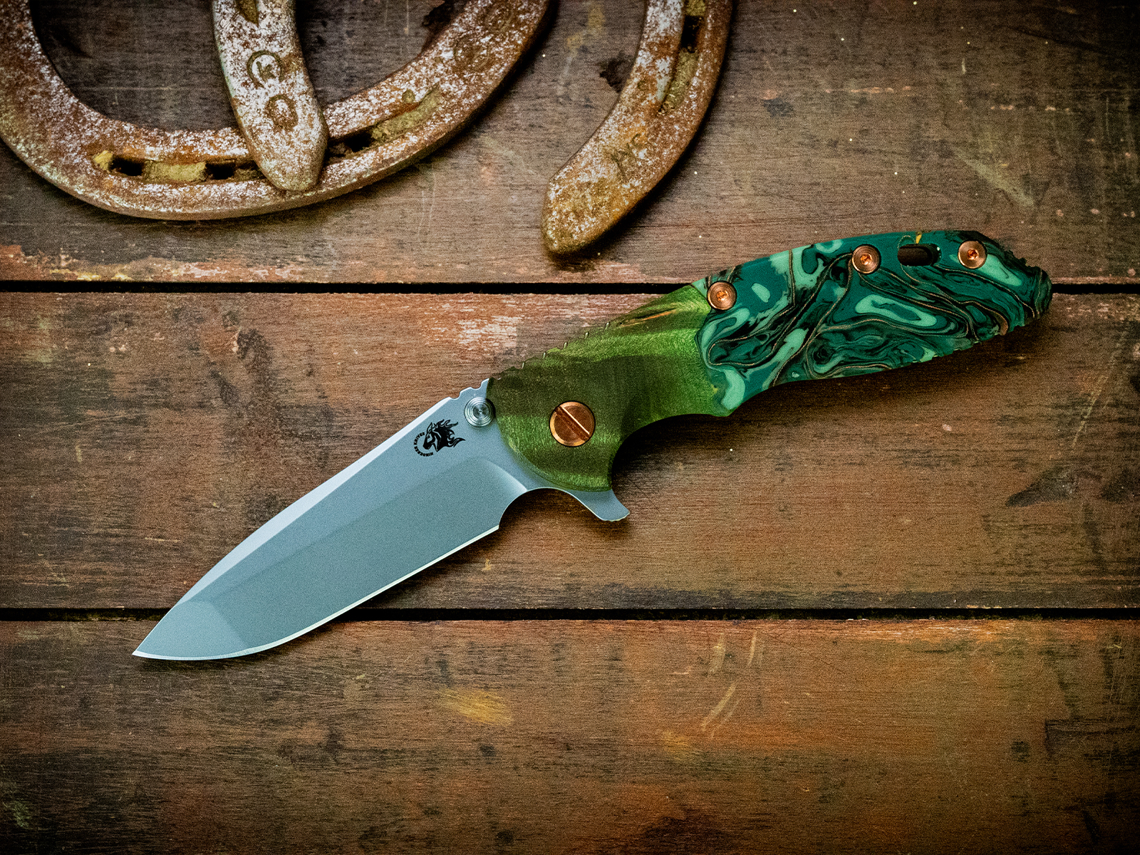 ExpProductCell_XM-18 3.5" Spanto-S45VN-Bead Blast Green-Wood/Resin-Copper/Green Aluminum Hardware