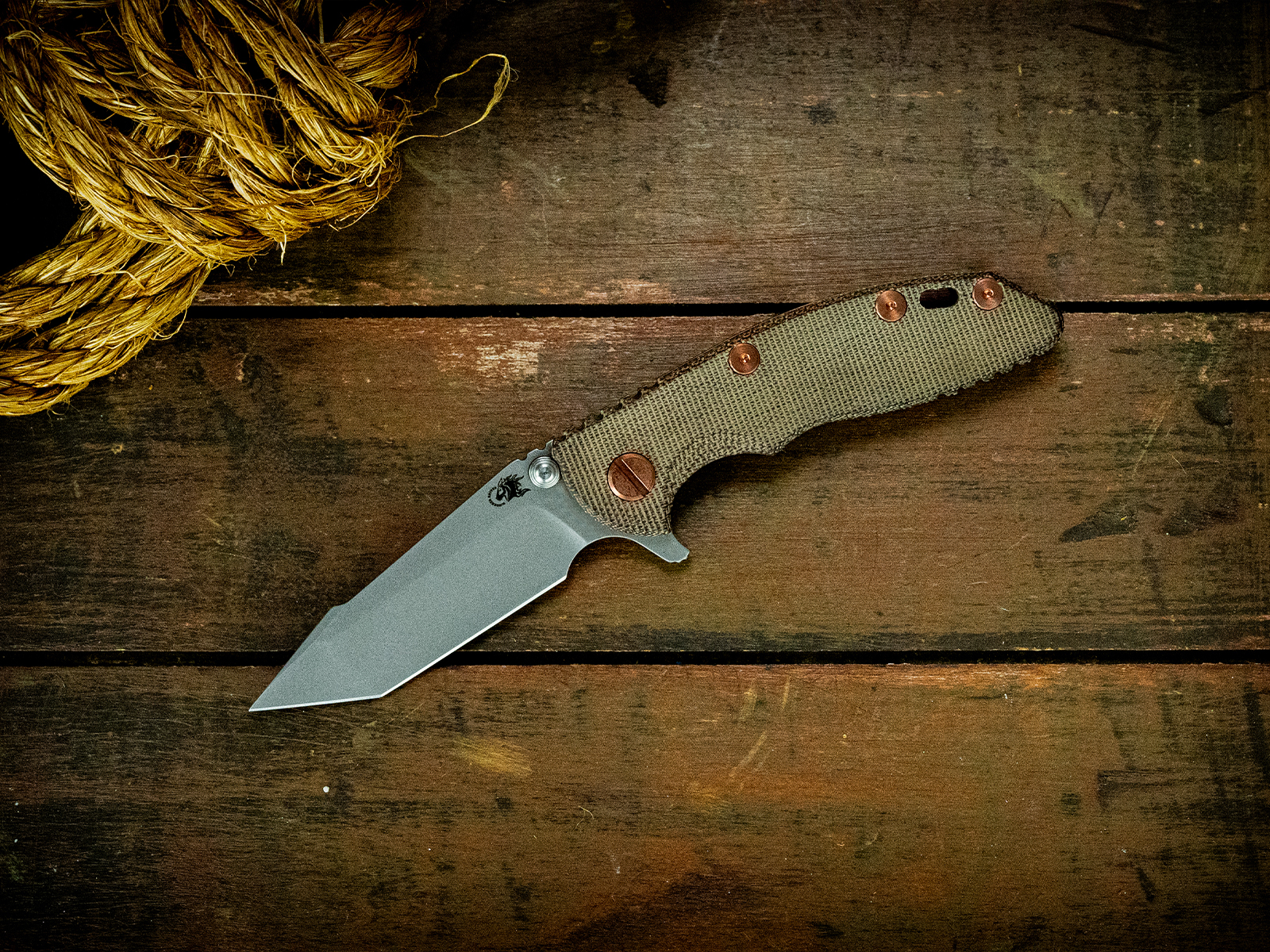 ExpProductCell_XM-18 3" Harpoon Tanto-S45VN-Battle Bronze-Smooth Natural Micarta-Copper Hardware