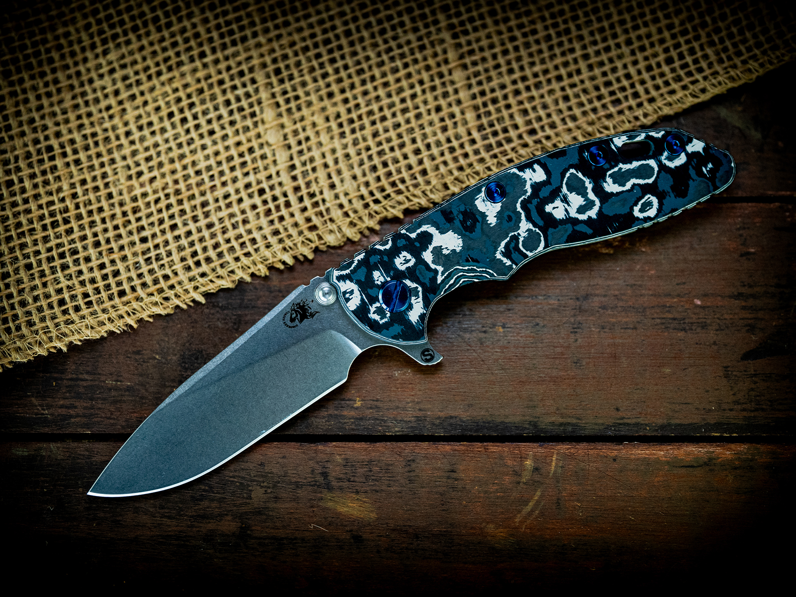 XM-18 3.5" Skinny Slicer-Flat Ground-Stonewash-White Storm FCF-Blue Ti Hardware XM-18 3.5" Skinny Slicer-Flat Ground-Stonewash-White Storm FCF-Blue Ti Hardware