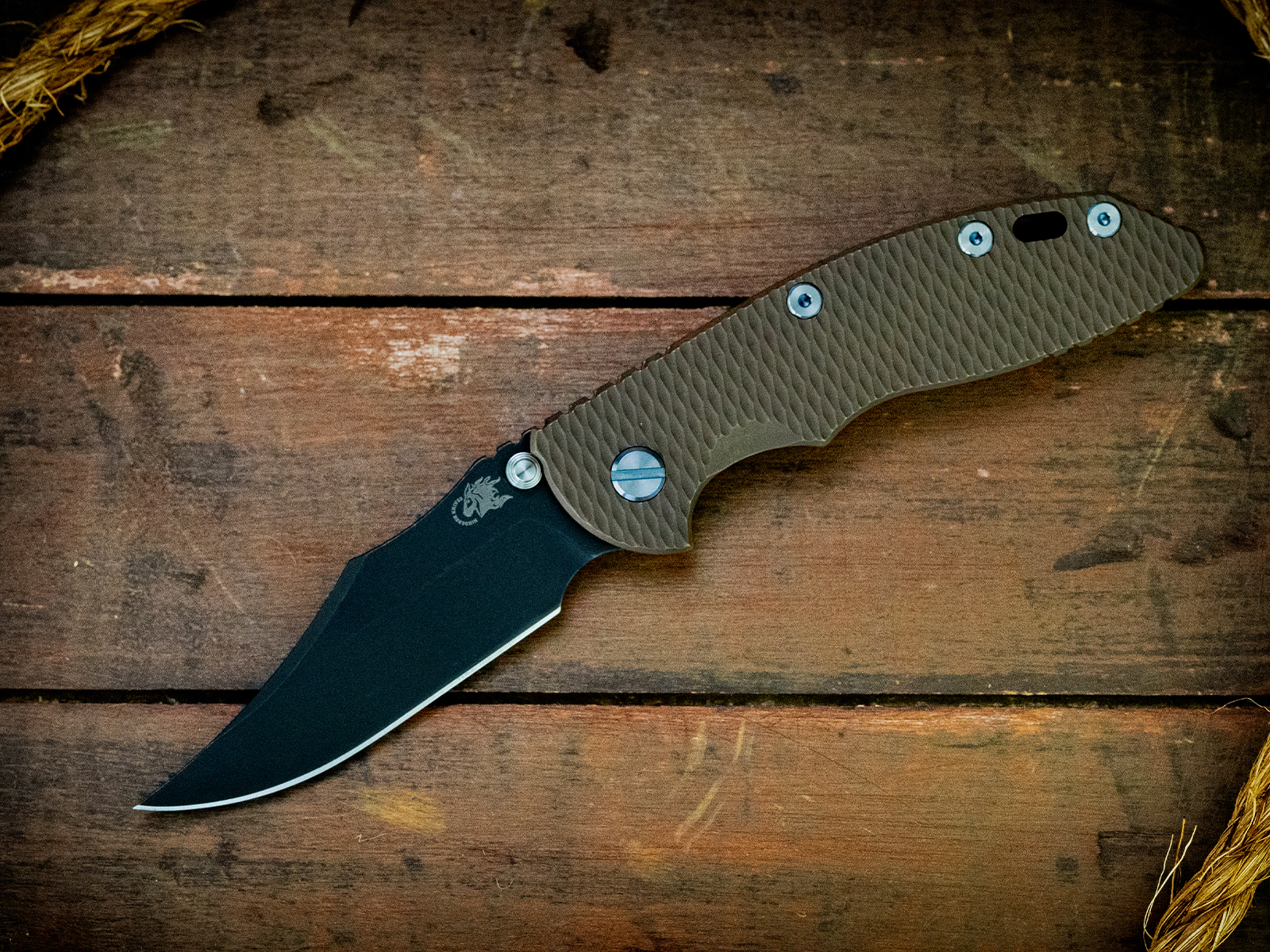 XM-18 3.5"-Non Flipper-Bowie-Battle Black Blade-Full Textured Ti Battle Bronze-Light Blue Ti Hardware XM-18 3.5"-Non Flipper-Bowie-Battle Black Blade-Full Textured Ti Battle Bronze-Light Blue Ti Hardware