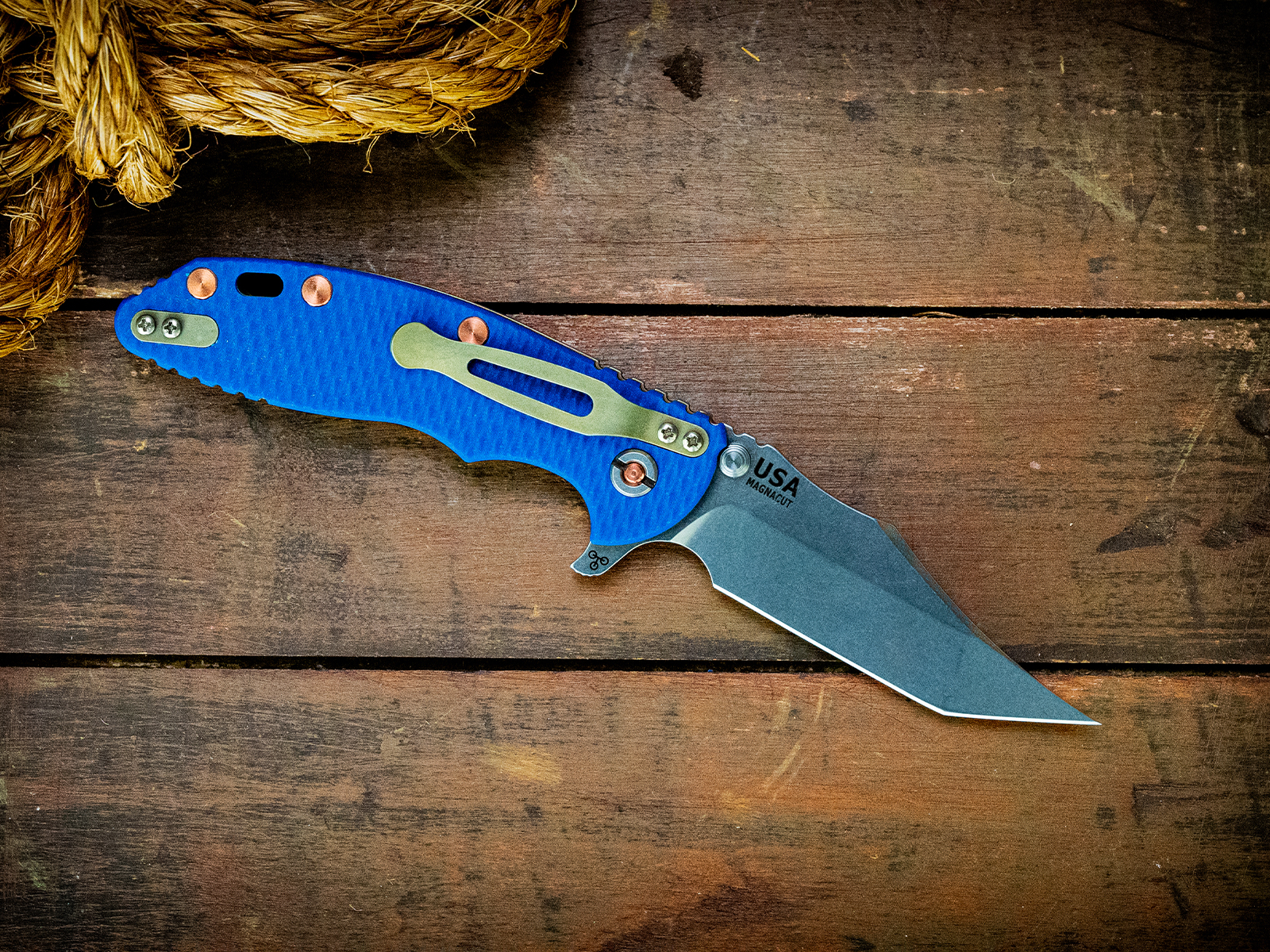 XM-18 3.5" Aggressor-Magnacut-Battle Green Liner Lock-Stonewash Blade-Blue G10-Copper Hardware XM-18 3.5" Aggressor-Magnacut-Battle Green Liner Lock-Stonewash Blade-Blue G10-Copper Hardware
