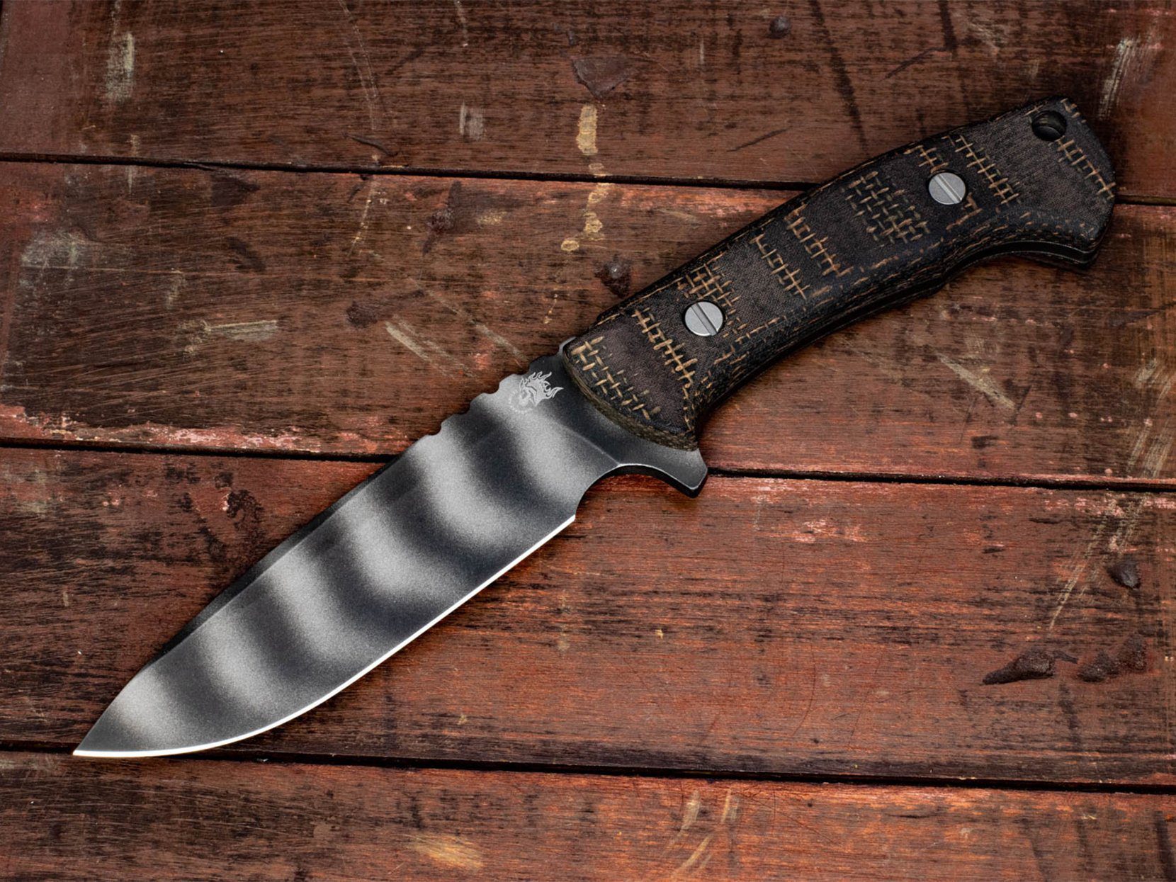 The Ranch Drop Point -Black DLC "Strider Striped"- Burlap Micarta The Ranch Drop Point -Black DLC "Strider Striped"- Burlap Micarta