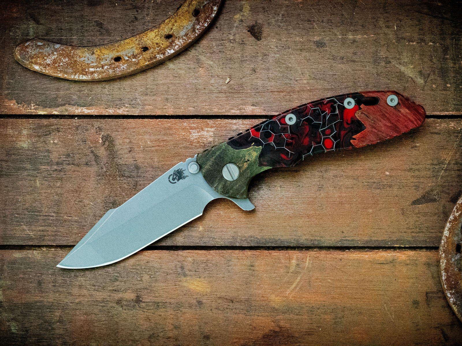 XM-18 3.5" Harpoon Spanto-S45VN-Working Finish Honeycomb Fade-Wood/Resin-Working Finish Hardware/Red Standoffs XM-18 3.5" Harpoon Spanto-S45VN-Working Finish Honeycomb Fade-Wood/Resin-Working Finish Hardware/Red Standoffs
