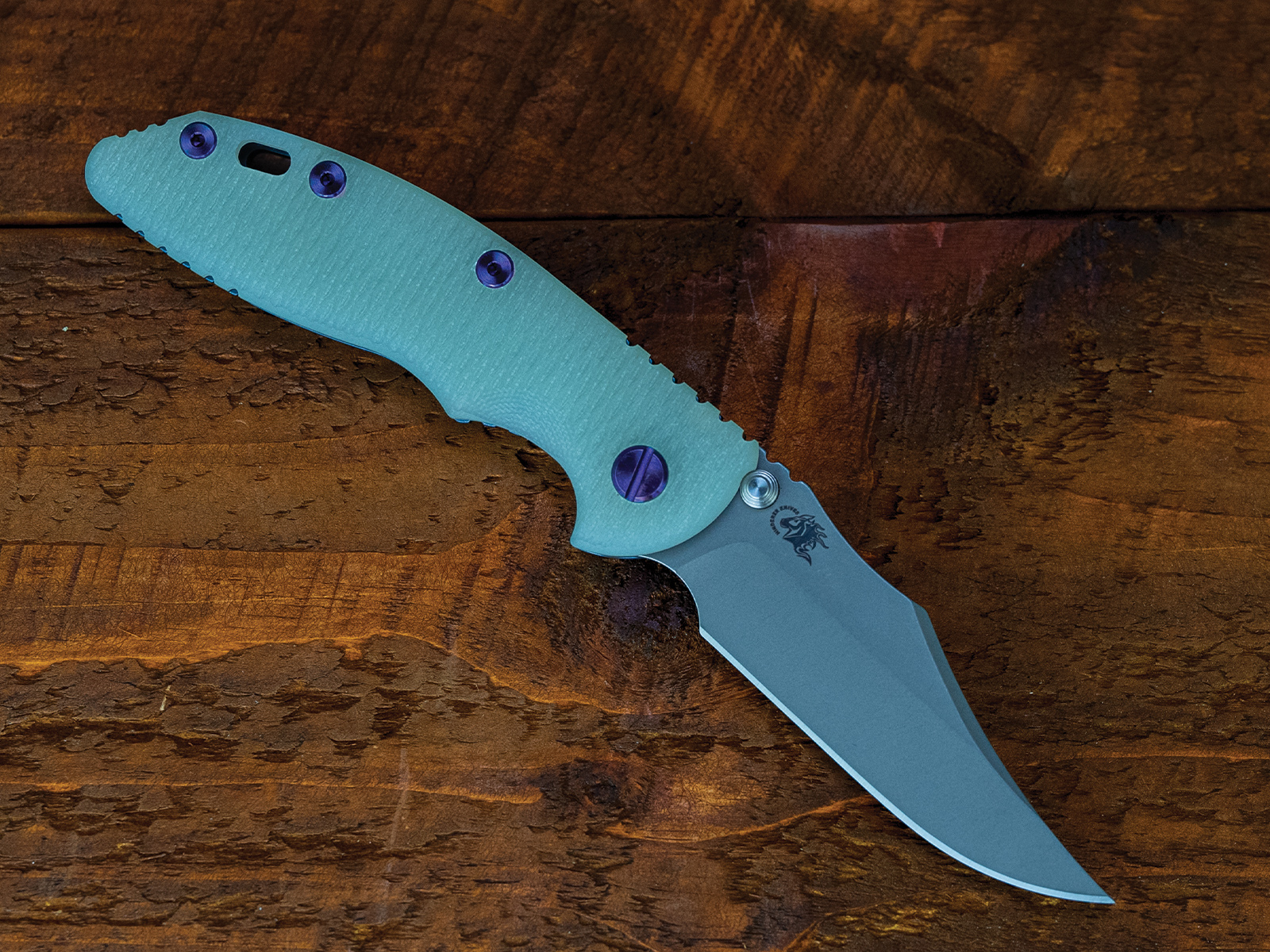 XM-18 3.5" Non-Flipper Bowie-S45VN-Working Finish Blue-Translucent Green G10-Purple Hardware-Left Handed XM-18 3.5" Non-Flipper Bowie-S45VN-Working Finish Blue-Translucent Green G10-Purple Hardware-Left Handed