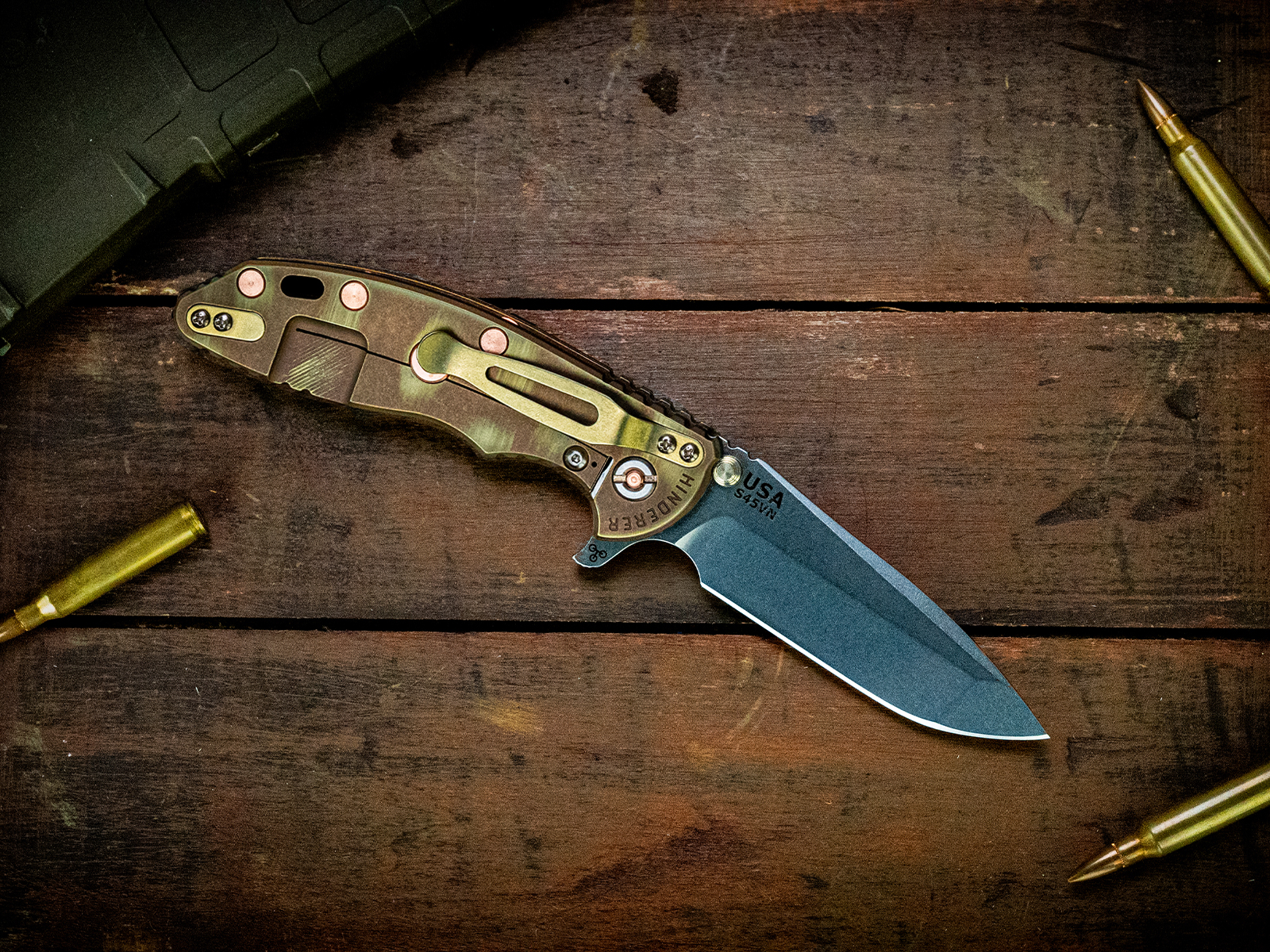 ExpProductCell_XM-18 3.5" Spanto-S45VN-Stonewash Blade-Battle Rose Gold/Green Special Finish-Smooth Translucent Green G10-Copper Hardware/Ti TS