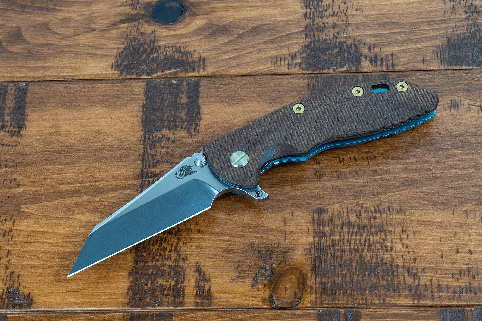 XM-18 3.5" Fatty Wharncliffe-S45VN-Stonewash Double Anodized-Textured Walnut-Titanium Anodized Hardware - Holey Clip XM-18 3.5" Fatty Wharncliffe-S45VN-Stonewash Double Anodized-Textured Walnut-Titanium Anodized Hardware - Holey Clip