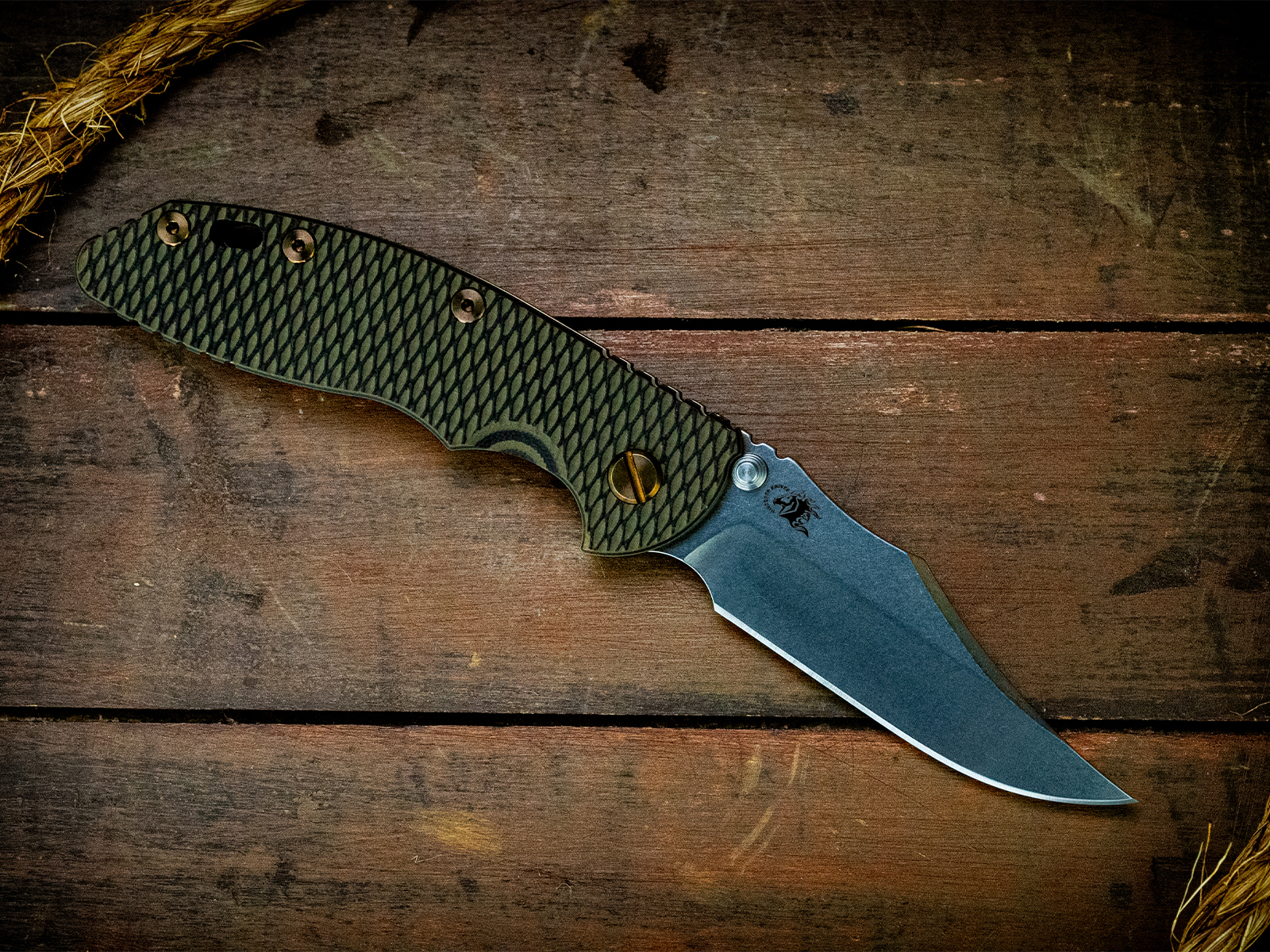 XM-18 3.5"-Non Flipper-Bowie-Left Handed-Stonewash Blade-Bead Blast Green-OD Green/Black G10-Bronze Ti Hardware XM-18 3.5"-Non Flipper-Bowie-Left Handed-Stonewash Blade-Bead Blast Green-OD Green/Black G10-Bronze Ti Hardware