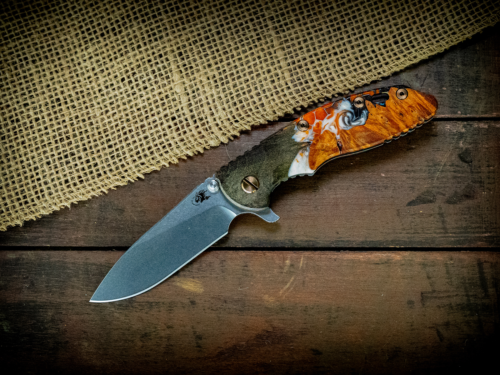 XM-18 3.5" Slicer-Flat Ground-S45VN-Stonewash Blade-Honeycomb Fade-Working Finish-Bronze Ti Hardware