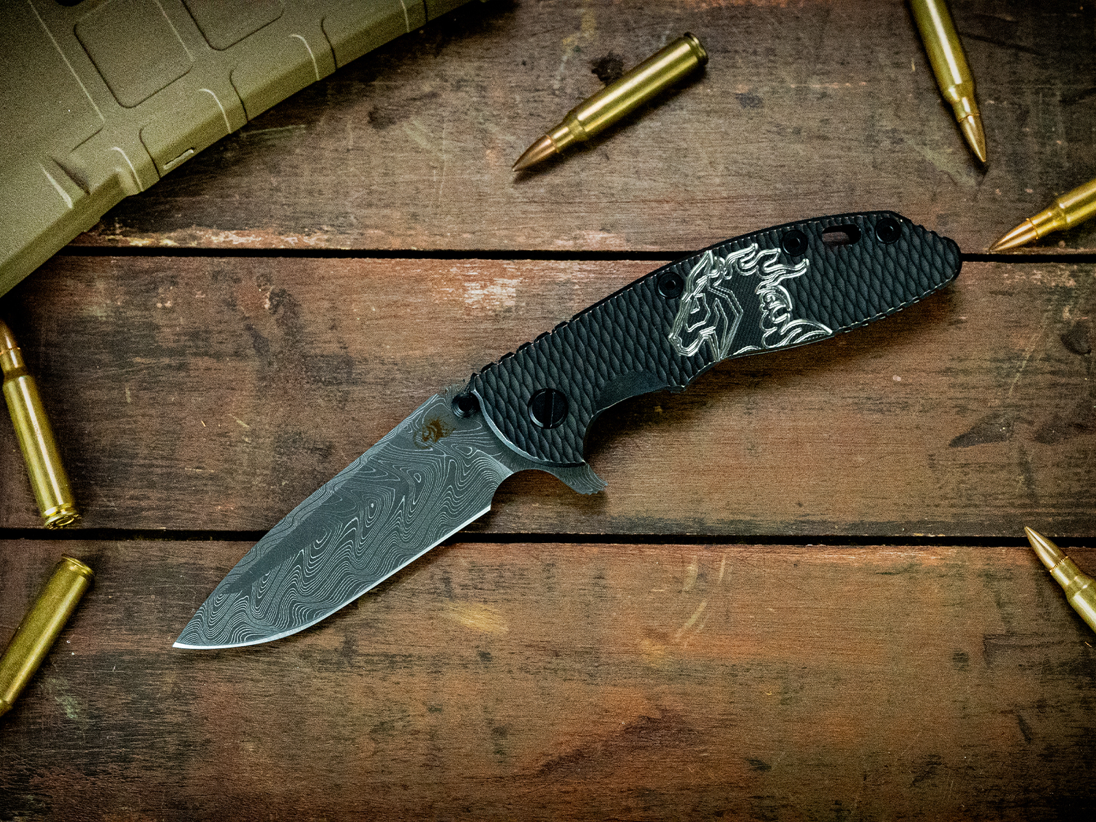 ExpProductCell_LOTTERY - XM-18 3.5" Spanto-Stainless Steel Damascus-Battle Black Milled Horsehead Scale-Battle Black Nitride Hardware-Horsehead Handle Nuts