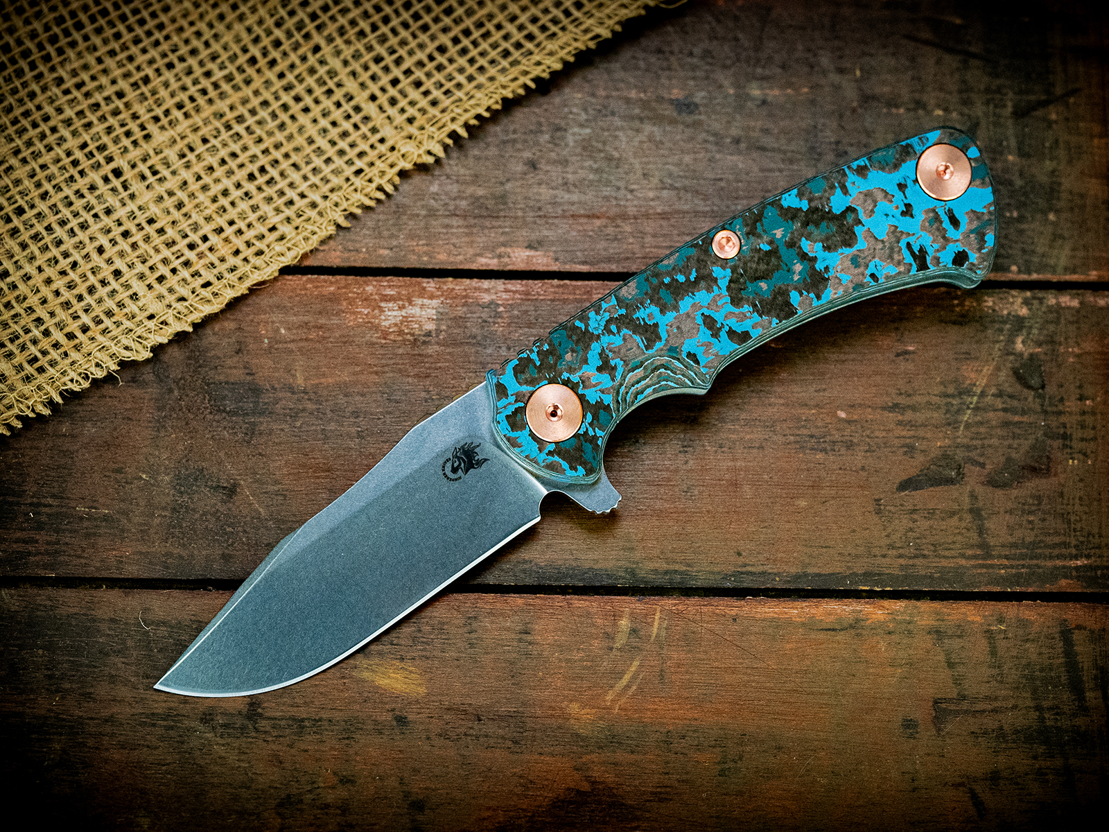 Project X-Clip Point-S45VN-Stonewash Blade-Working Finish Blue-Arctic Storm FCF-Copper Hardware Project X-Clip Point-S45VN-Stonewash Blade-Working Finish Blue-Arctic Storm FCF-Copper Hardware