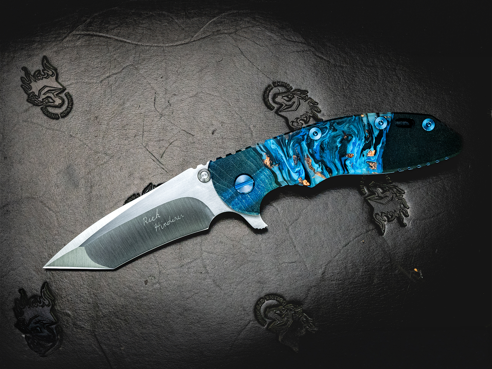 ExpProductCell_Rick Hinderer Custom - AUCTION - XM-18 3.5 - Hellfire - Stonewash Blue - Custom Hand Textured Clip, Tab and Backspacer - Wood Resin Scale ExpProductCell_Rick Hinderer Custom - AUCTION - XM-18 3.5 - Hellfire - Stonewash Blue - Custom Hand Textured Clip, Tab and Backspacer - Wood Resin Scale