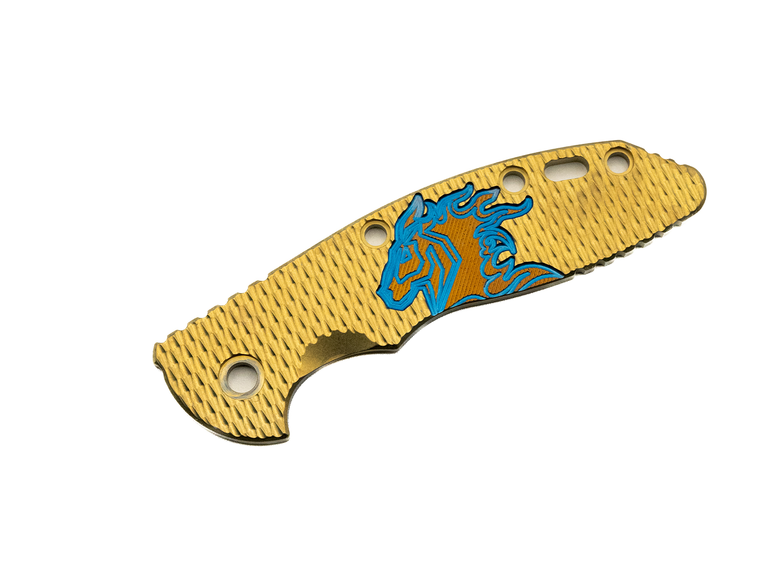 3.5" XM18 Titanium Scale-Milled Horse Head Logo-Textured-Stonewash Gold-Blue/Bronze 3.5" XM18 Titanium Scale-Milled Horse Head Logo-Textured-Stonewash Gold-Blue/Bronze