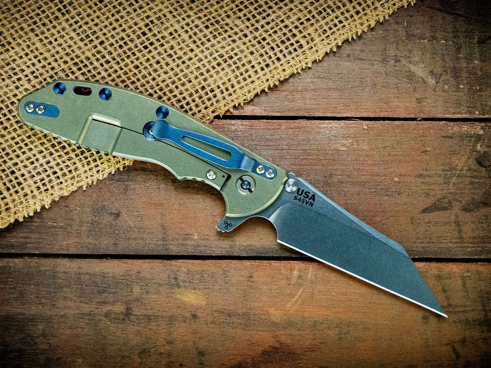 XM-24 Wharncliffe Skinny-S45VN-Stonewash Gold-OD Green G10-Ti Hardware