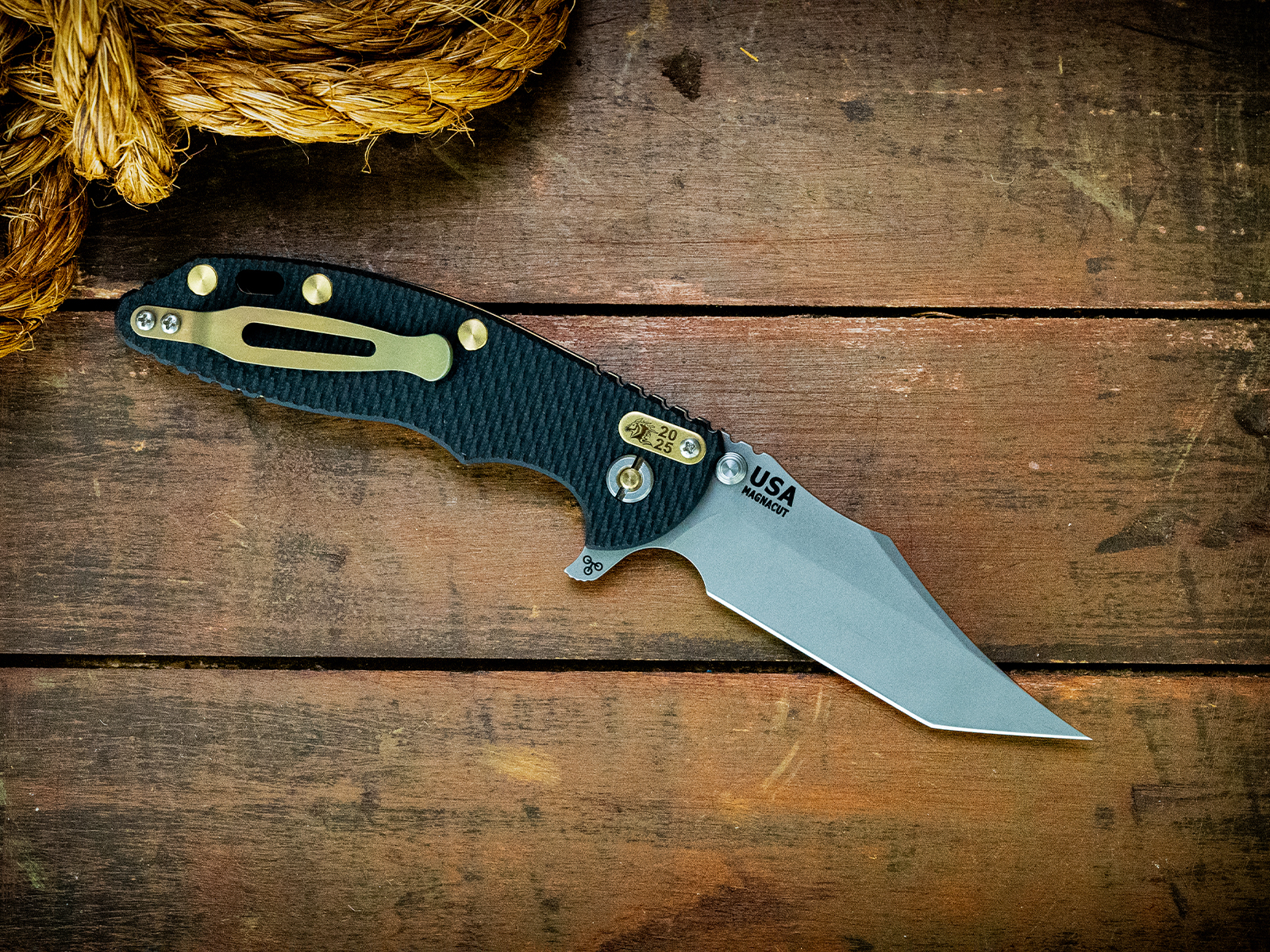 XM-18 3.5" Aggressor-Magnacut-Working Finish Special Ano Liner Lock-Black G10-Brass Hardware-2025 Filler Tab