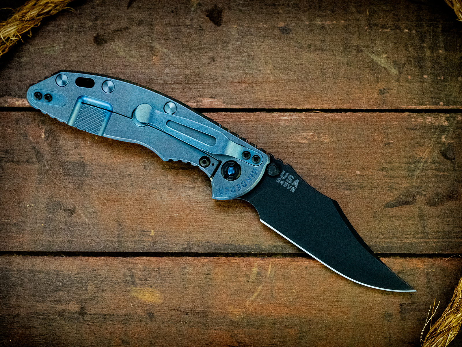 XM-18 3.5"-Non Flipper-Bowie-Battle Black Blade-Stonewash Blue-Smooth Black G10-Blue Ti Hardware XM-18 3.5"-Non Flipper-Bowie-Battle Black Blade-Stonewash Blue-Smooth Black G10-Blue Ti Hardware