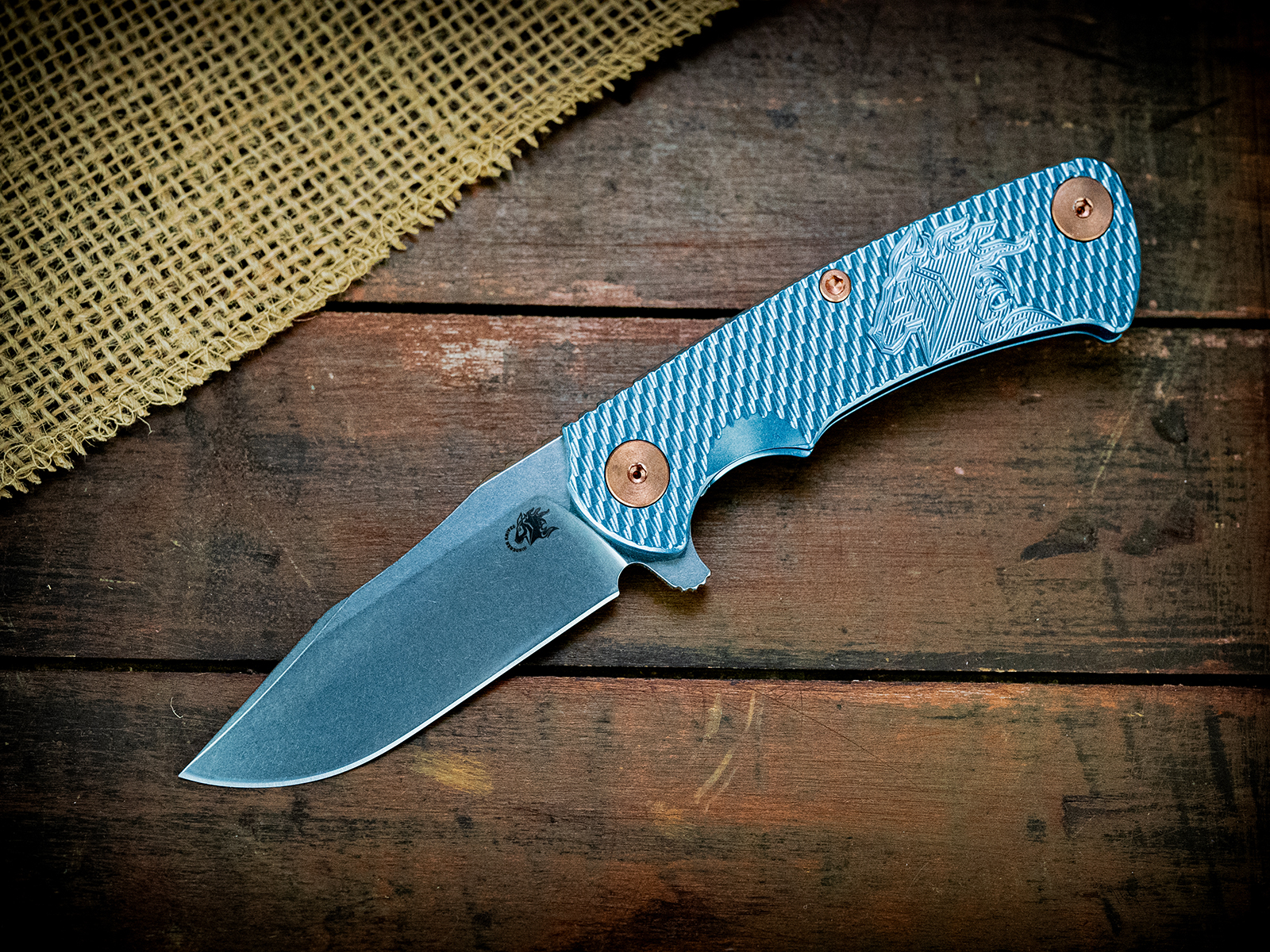 Project X-Clip Point-S45VN-Full Ti Stonewash Light Blue-Milled Horsehead-Copper Hardware Project X-Clip Point-S45VN-Full Ti Stonewash Light Blue-Milled Horsehead-Copper Hardware