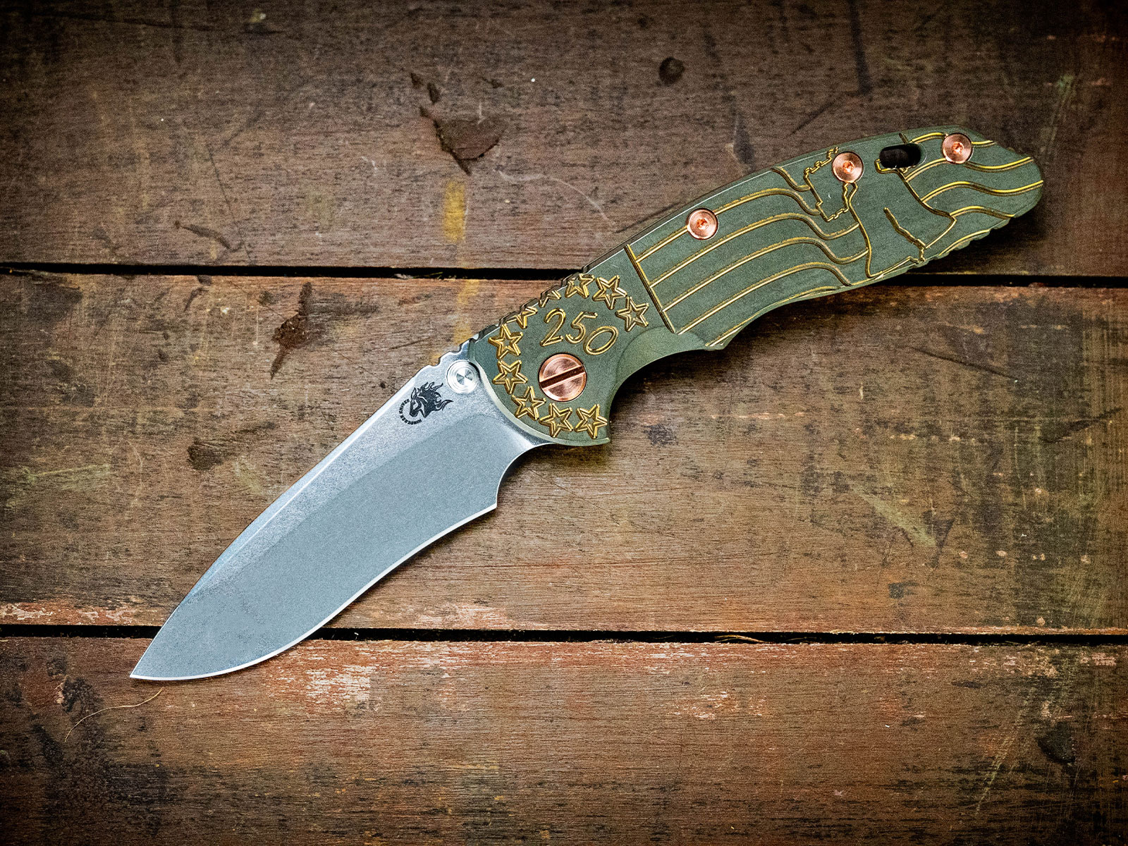 ExpProductCell_XM-18 3.5" Recurve-Non Flipper-Magnacut-Liberty Bell Battle Green/Bronze-Copper Hardware ExpProductCell_XM-18 3.5" Recurve-Non Flipper-Magnacut-Liberty Bell Battle Green/Bronze-Copper Hardware