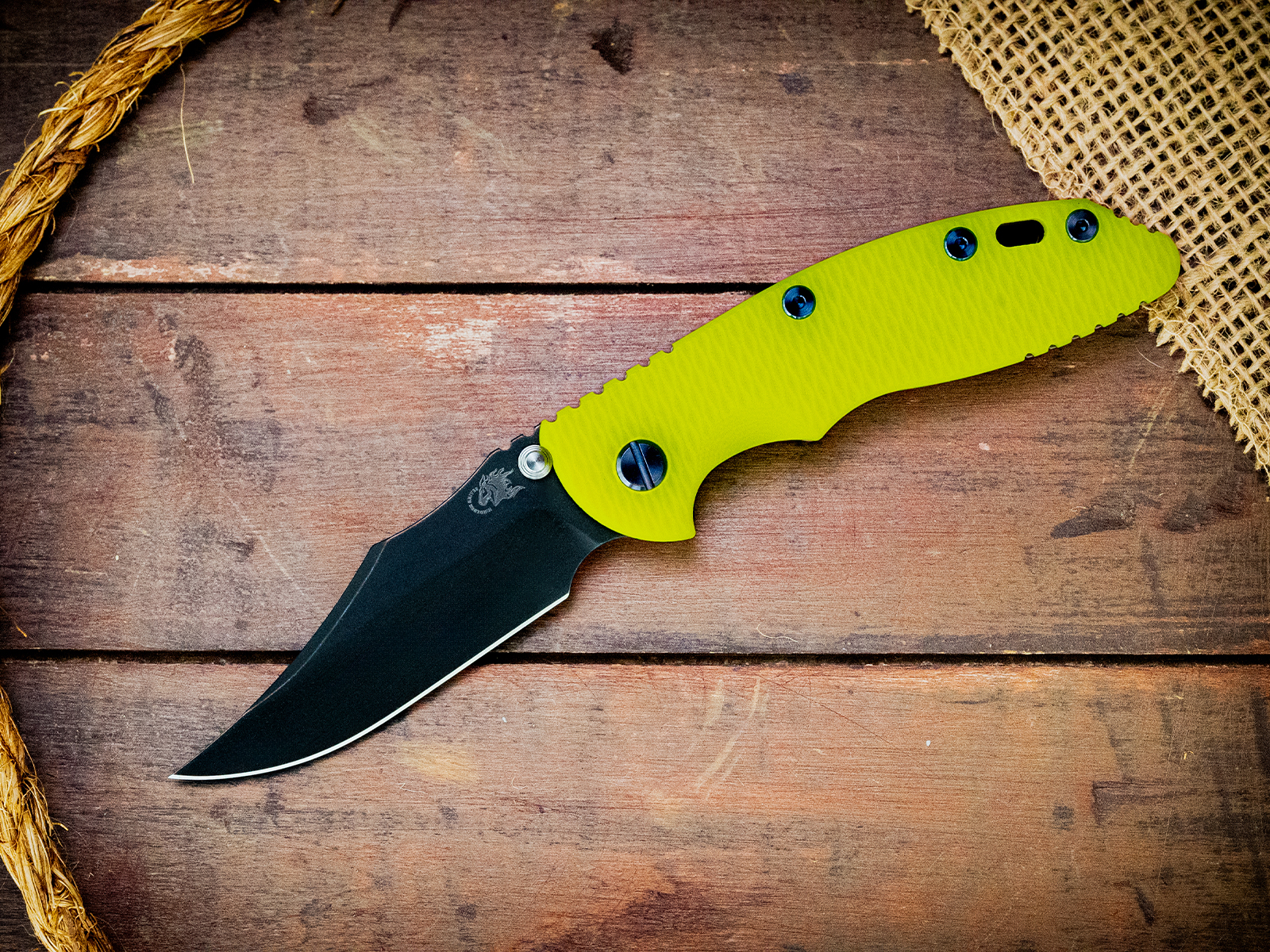 XM-18 3.5"-Non Flipper-Bowie-Battle Black Blade-Bead Blast Chartreuse G10-Blue Ti Hardware XM-18 3.5"-Non Flipper-Bowie-Battle Black Blade-Bead Blast Chartreuse G10-Blue Ti Hardware