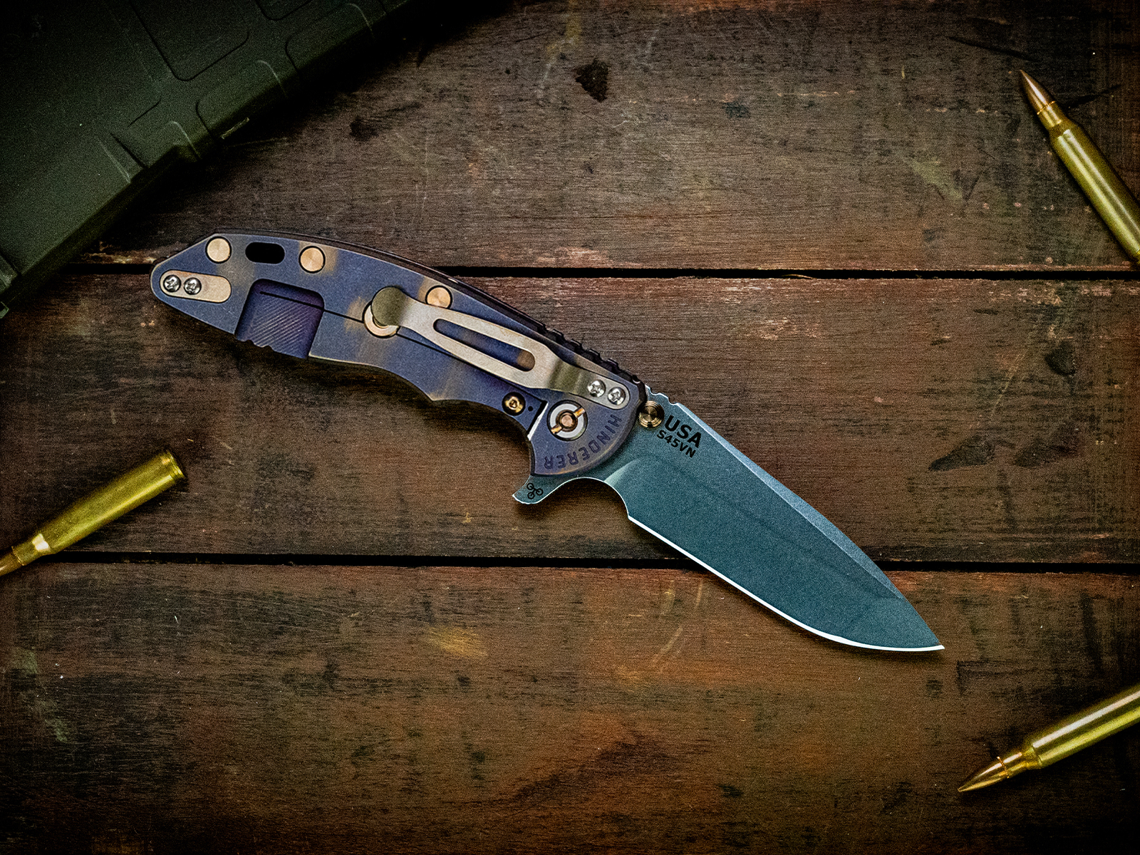 ExpProductCell_XM-18 3.5" Spanto-S45VN-Stonewash Blade-Battle Purple Special Finish-Dark Green G10-Bronze Ti Hardware/TS